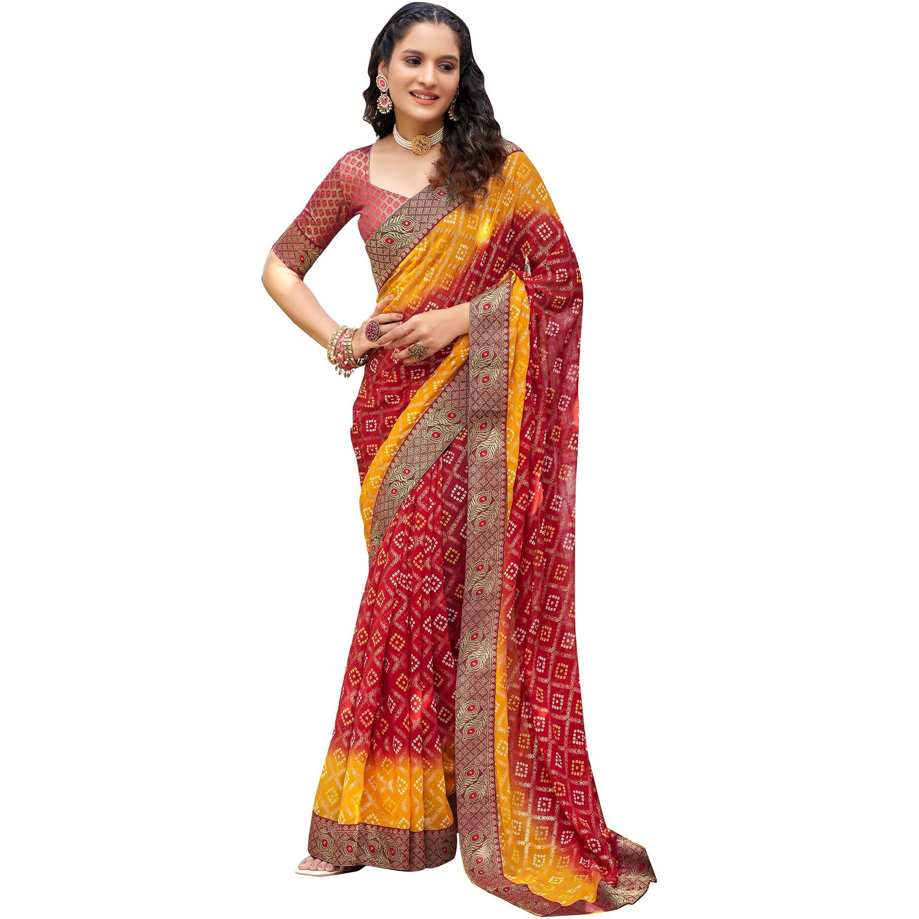 SIRIL Womens Georgette Bandhani Printed Saree With Unstitched Blouse Piece (3490S228_Red & Yellow)