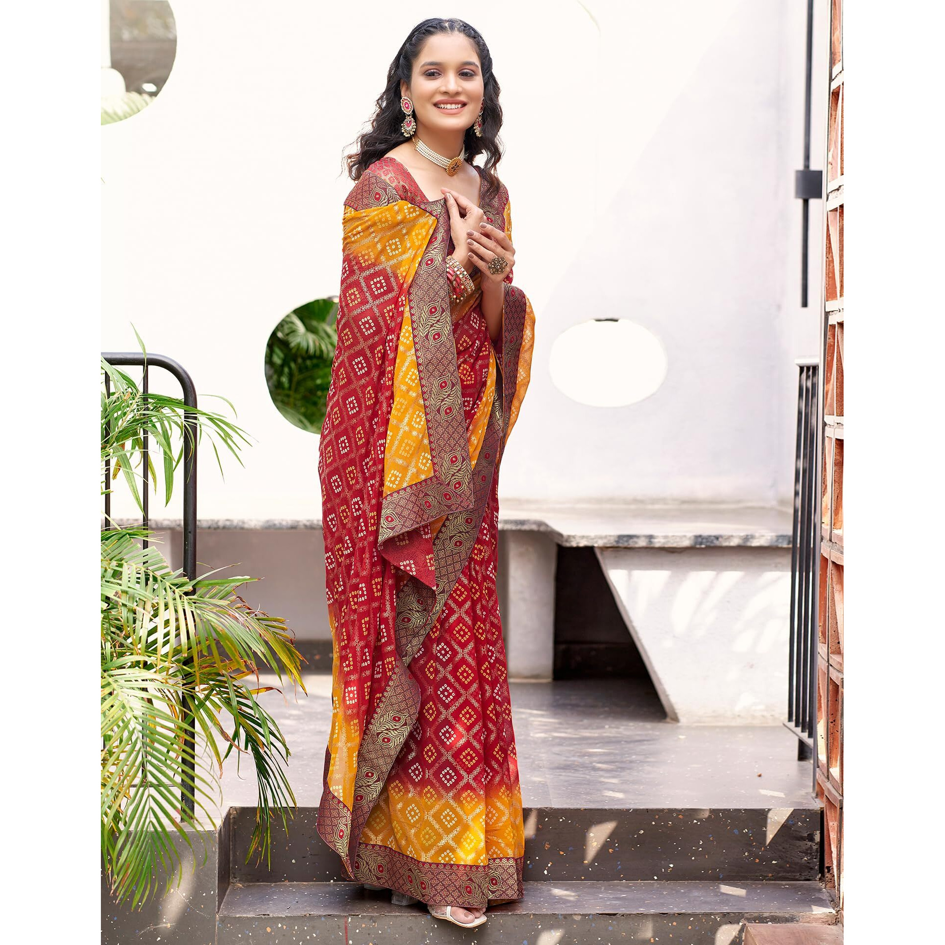 SIRIL Womens Georgette Bandhani Printed Saree With Unstitched Blouse Piece (3490S228_Red & Yellow)