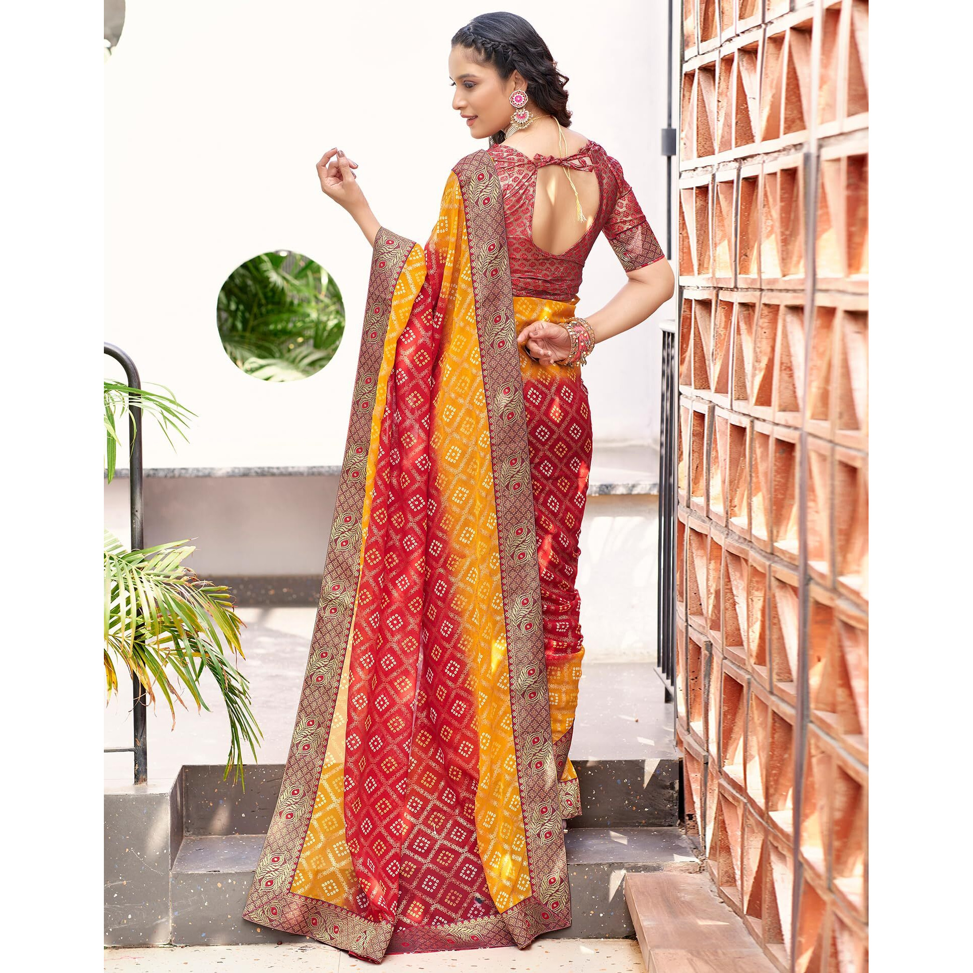 SIRIL Womens Georgette Bandhani Printed Saree With Unstitched Blouse Piece (3490S228_Red & Yellow)