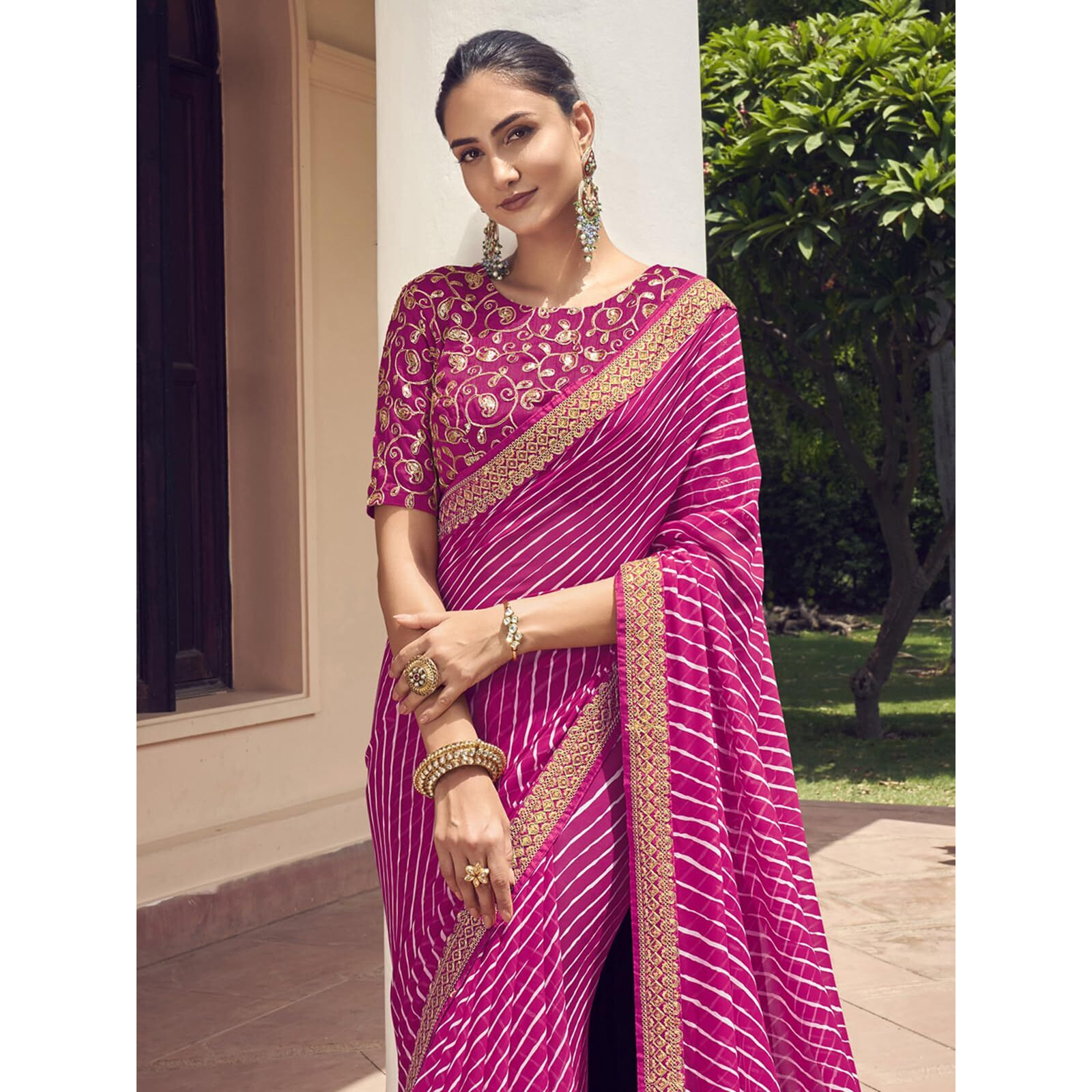 SIRIL Womens Leheriya Printed & Lace Georgette Saree with Unstitched Blouse Piece(2770S431_Pink1)