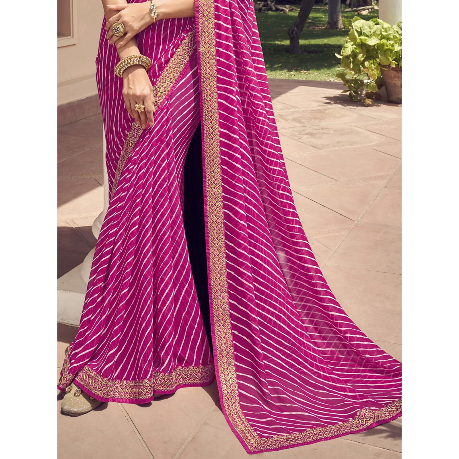 SIRIL Womens Leheriya Printed & Lace Georgette Saree with Unstitched Blouse Piece(2770S431_Pink1)