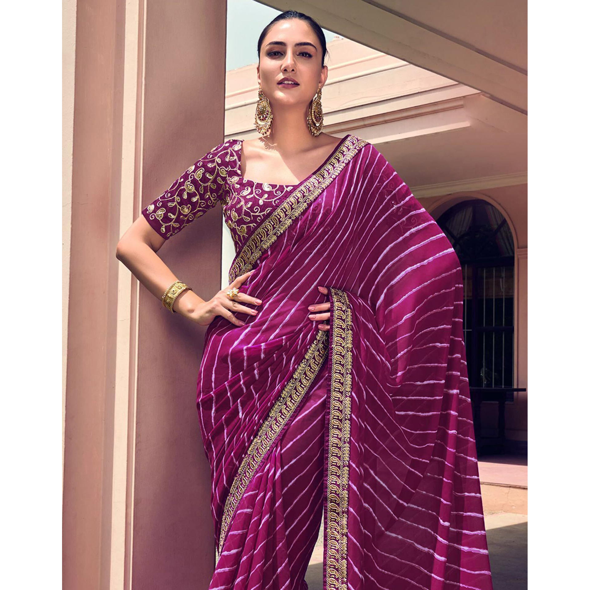 SIRIL Womens Leheriya Printed & Lace Georgette Saree with Unstitched Blouse Piece(2555S285_Purple, White)