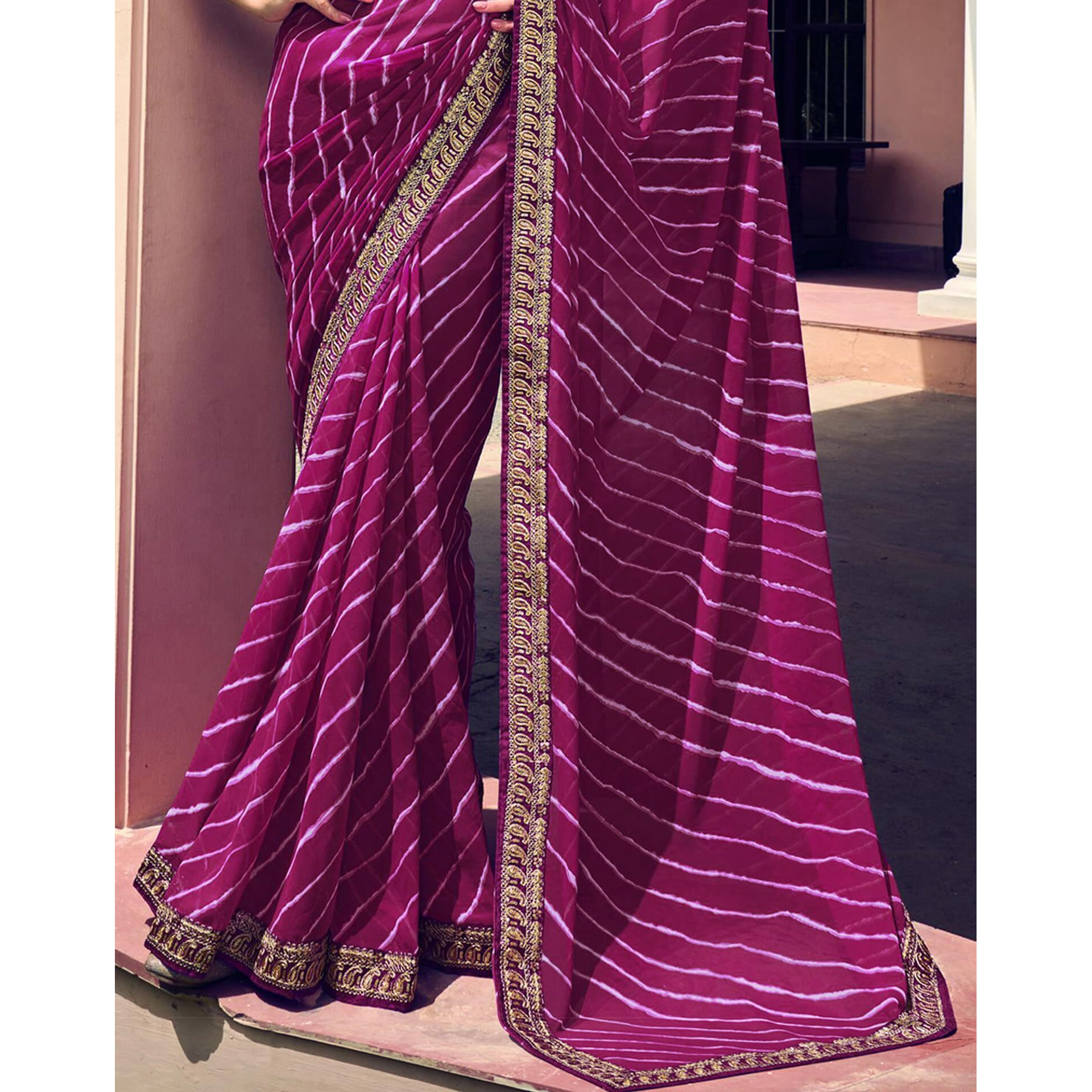 SIRIL Womens Leheriya Printed & Lace Georgette Saree with Unstitched Blouse Piece(2555S285_Purple, White)