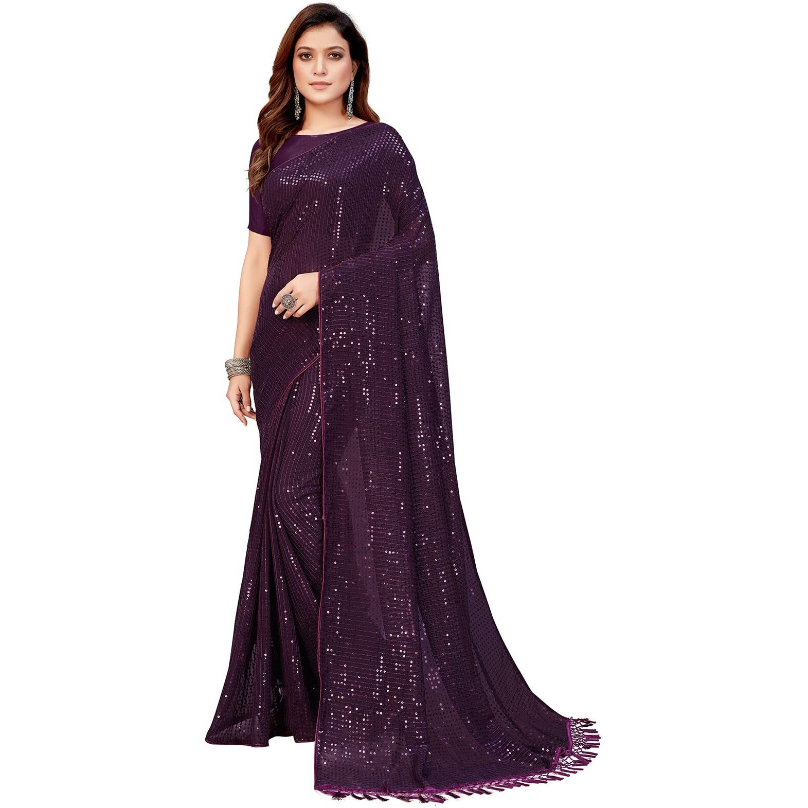Pratham Blue Womens Sequins Georgette Fancy Saree With Blouse Piece (PB-241_Purple)