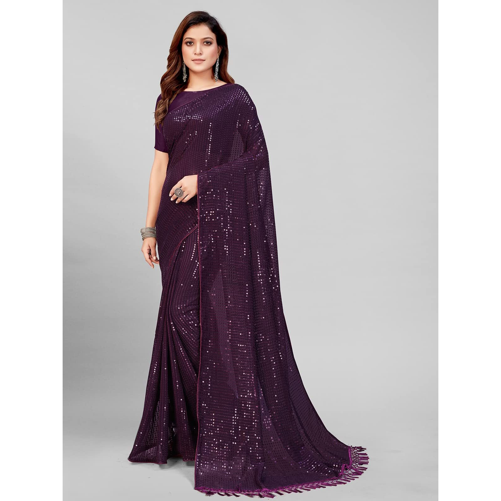 Pratham Blue Womens Sequins Georgette Fancy Saree With Blouse Piece (PB-241_Purple)