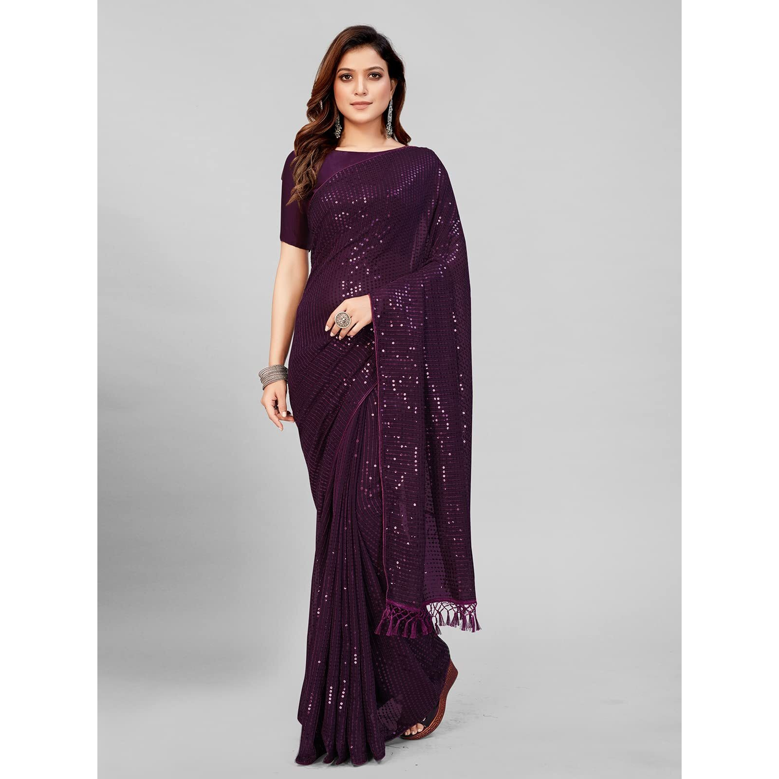Pratham Blue Womens Sequins Georgette Fancy Saree With Blouse Piece (PB-241_Purple)