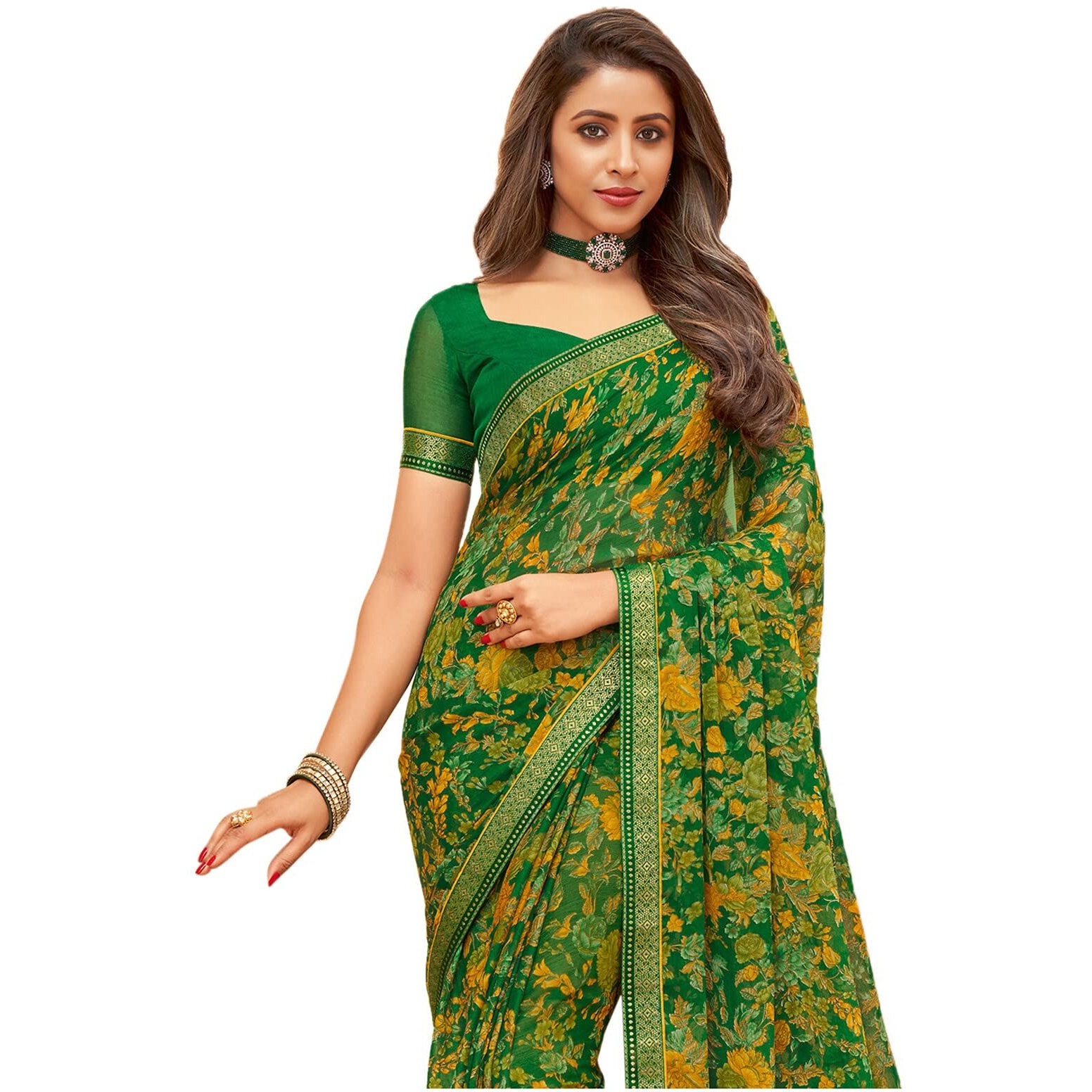 SIRIL Womens Floral Printed Chiffon Saree with Blouse(1976S514_Green & Multi)