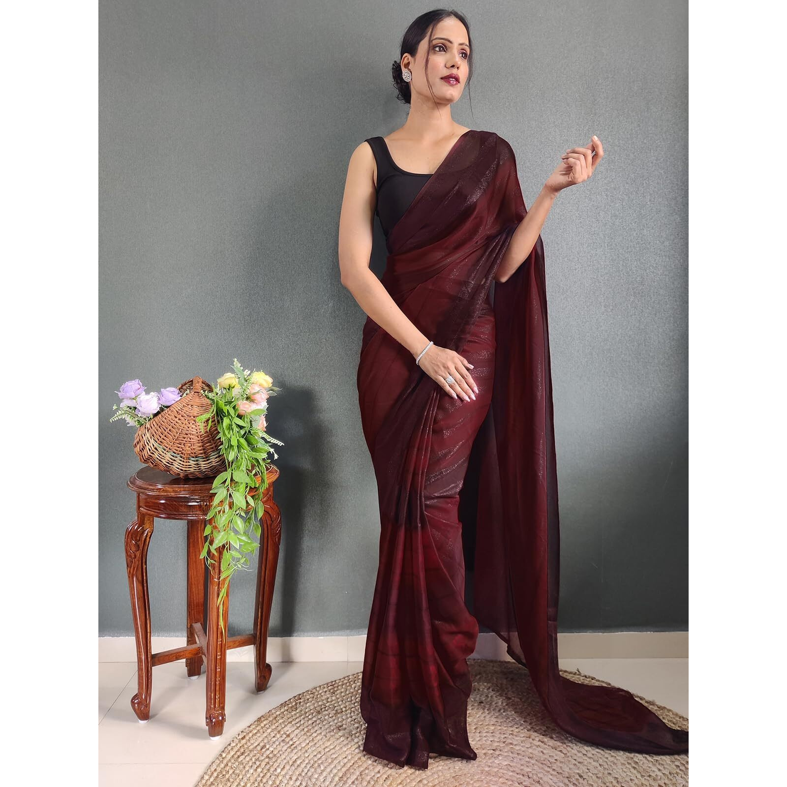 SIRIL Womens Georgette Printed Ready To Wear Saree With Unstitched Blouse Piece (3374S366_Maroon)