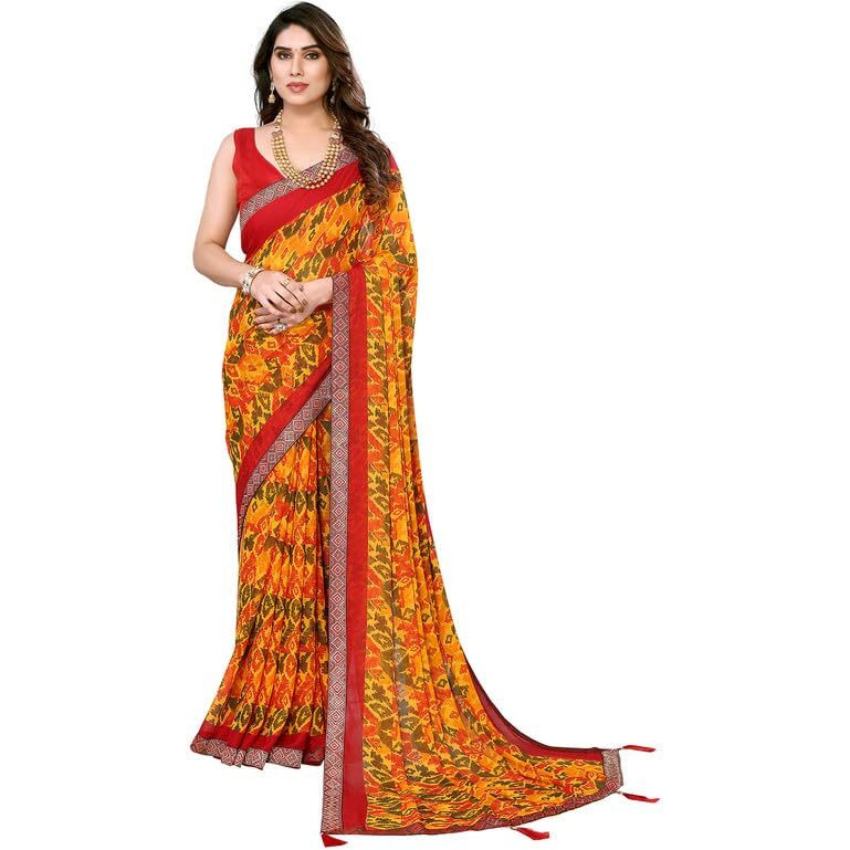 SIRIL Womens Geometric Printed Chiffon Saree with Unstitched Blouse Piece (3219S2345_Yellow)