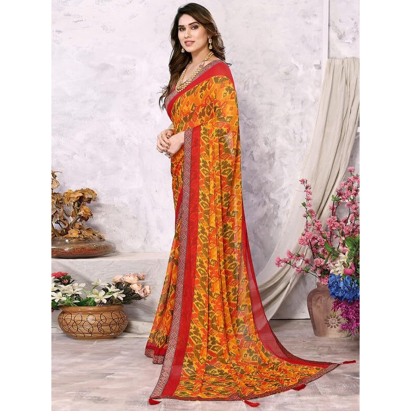 SIRIL Womens Geometric Printed Chiffon Saree with Unstitched Blouse Piece (3219S2345_Yellow)
