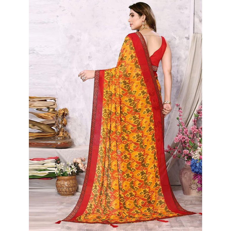 SIRIL Womens Geometric Printed Chiffon Saree with Unstitched Blouse Piece (3219S2345_Yellow)