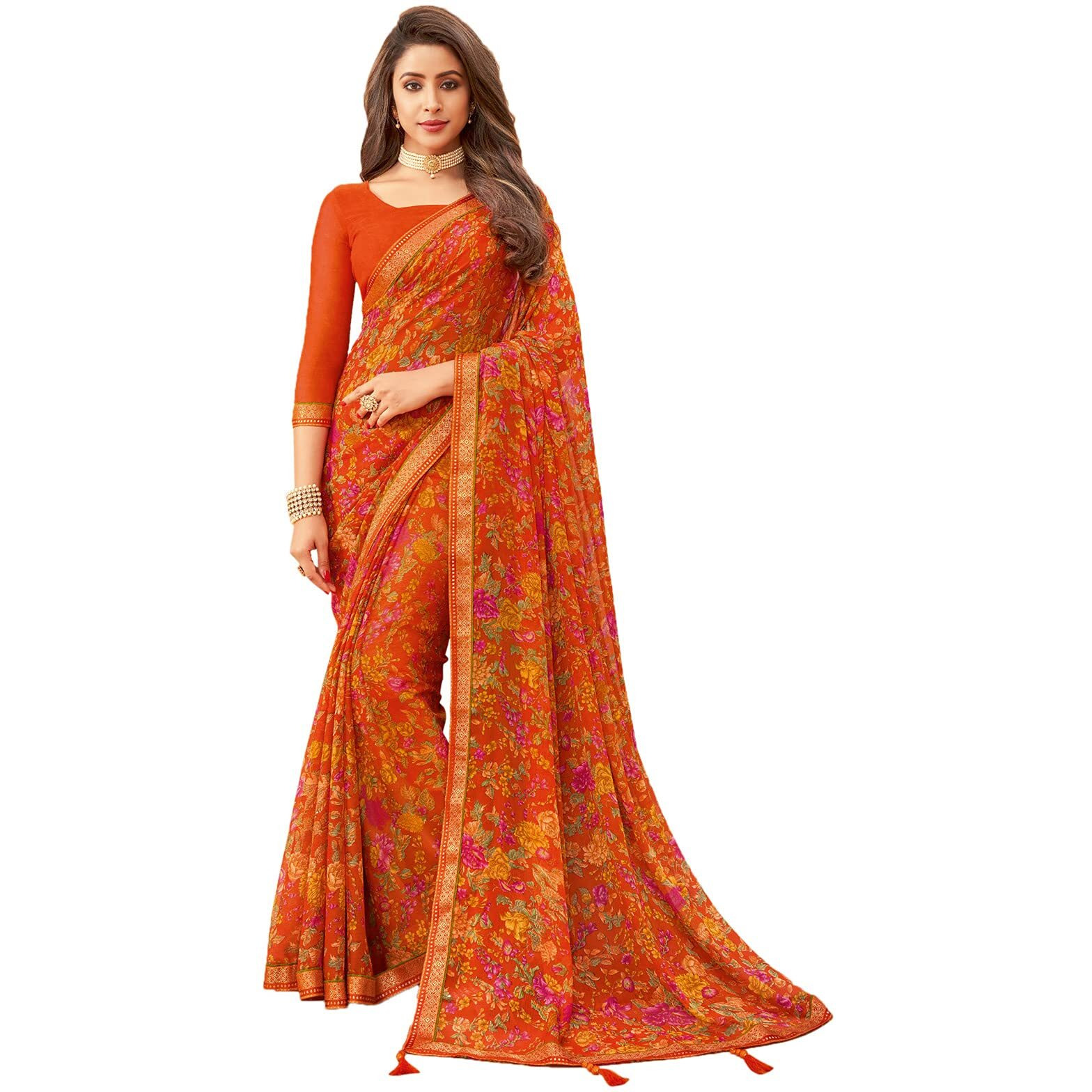 SIRIL Womens Floral Printed Chiffon Saree with Blouse(1976S512_Orange & Multi)