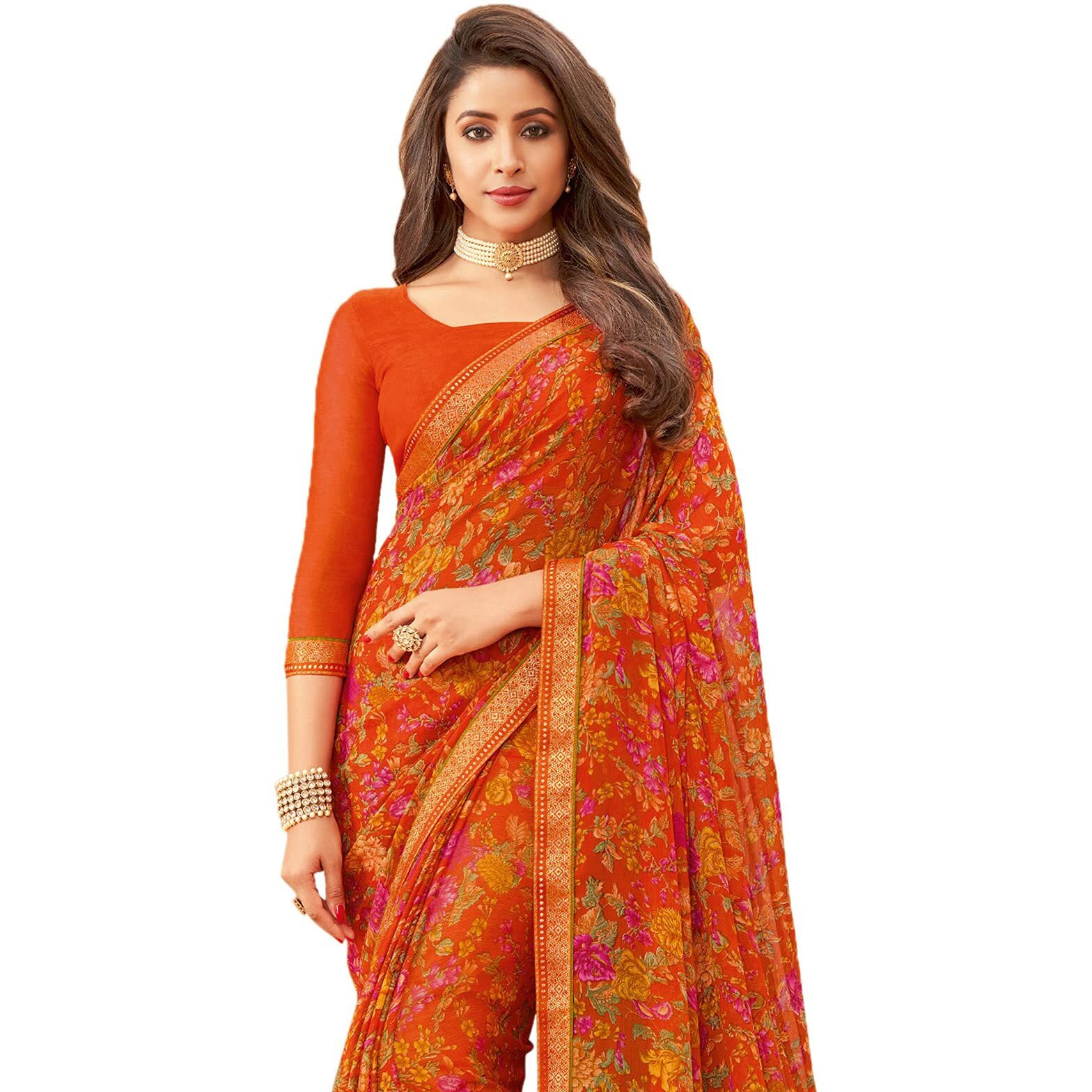 SIRIL Womens Floral Printed Chiffon Saree with Blouse(1976S512_Orange & Multi)