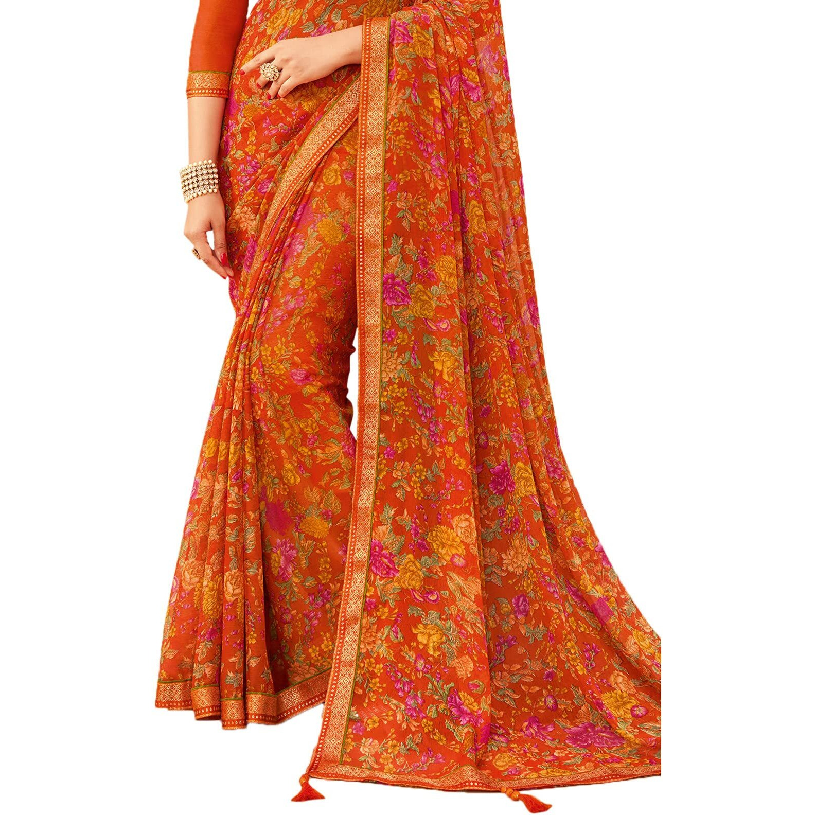 SIRIL Womens Floral Printed Chiffon Saree with Blouse(1976S512_Orange & Multi)