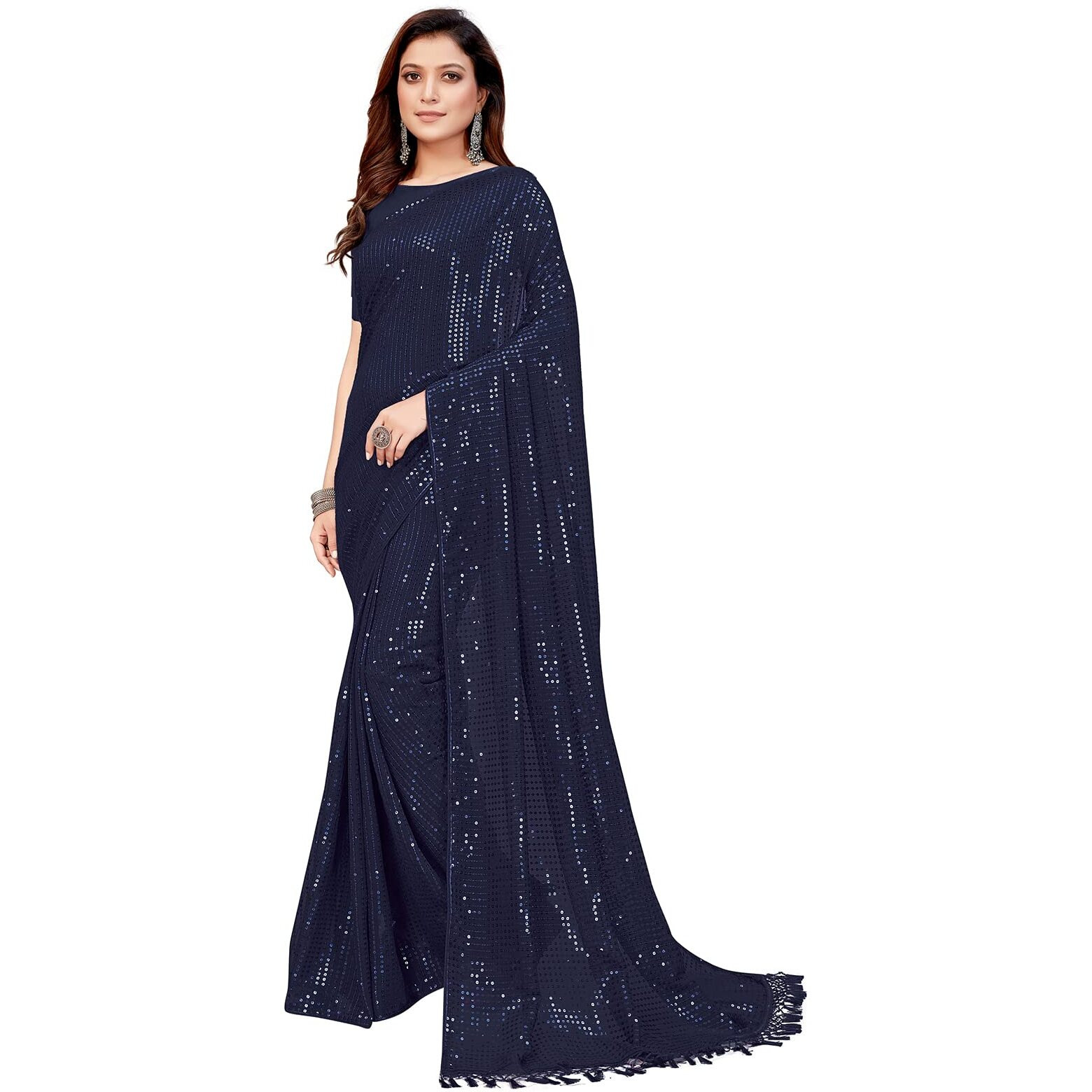 Pratham Blue Womens Sequins Georgette Fancy Saree With Blouse Piece (PB-235_Blue)