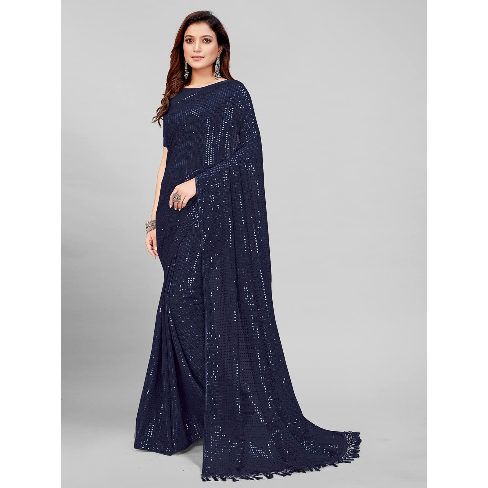 Pratham Blue Womens Sequins Georgette Fancy Saree With Blouse Piece (PB-235_Blue)