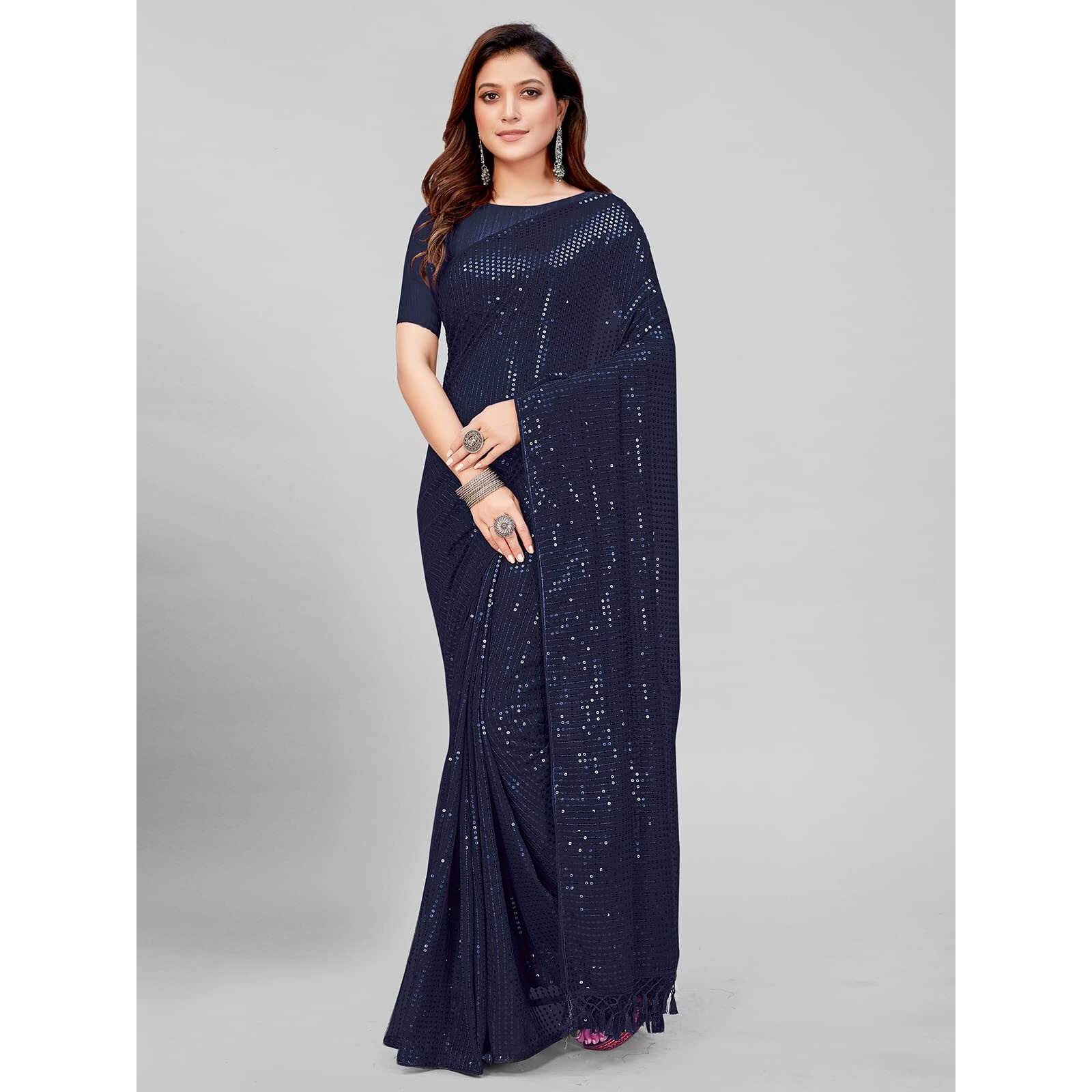 Pratham Blue Womens Sequins Georgette Fancy Saree With Blouse Piece (PB-235_Blue)