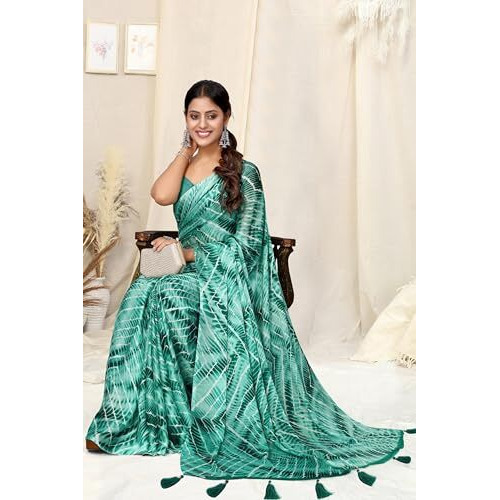 MIRCHI FASHION Womens Chiffon Shibori Printed Saree with Blouse Piece (39813-Teal)