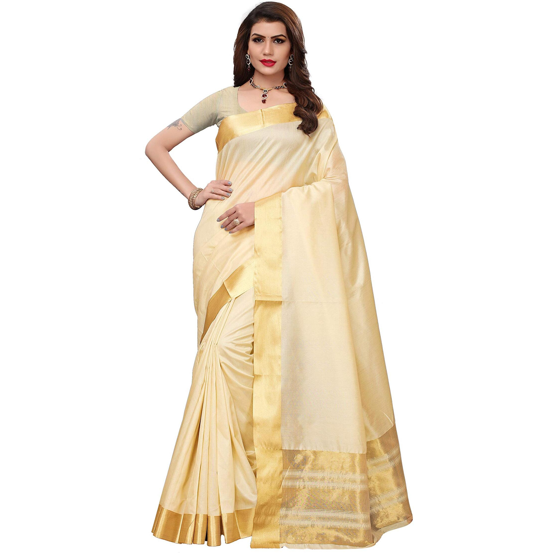 Yashika Womens Cottton Silk Sarees With Blouse Piece (Off White_Free_Size) Sdpl-Kerala Cotton