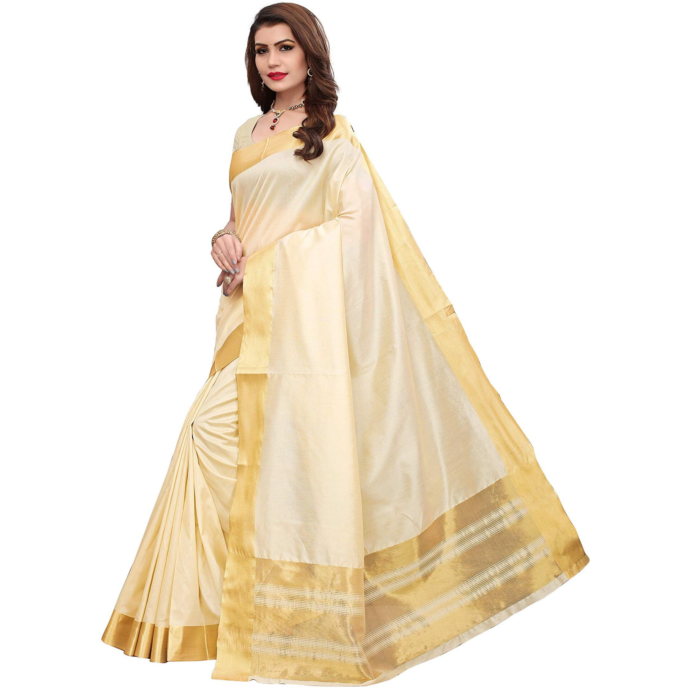 Yashika Womens Cottton Silk Sarees With Blouse Piece (Off White_Free_Size) Sdpl-Kerala Cotton