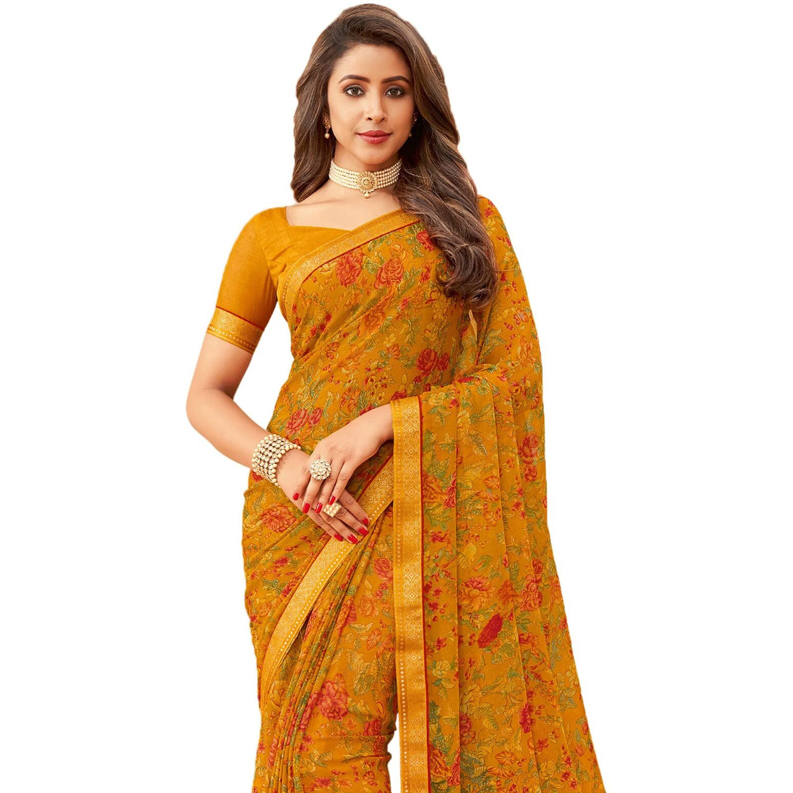 SIRIL Womens Floral Printed Chiffon Saree with Blouse(1976S513_Turmeric Yellow & Multi)
