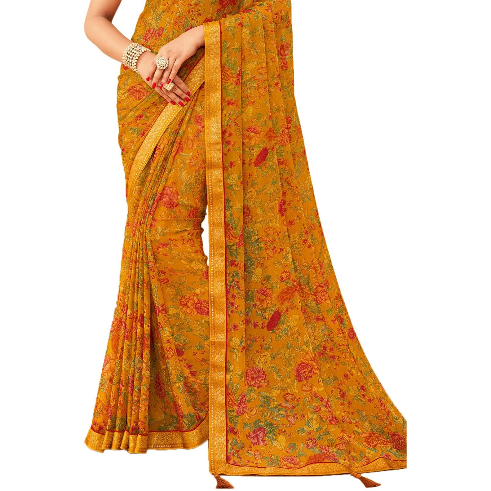SIRIL Womens Floral Printed Chiffon Saree with Blouse(1976S513_Turmeric Yellow & Multi)