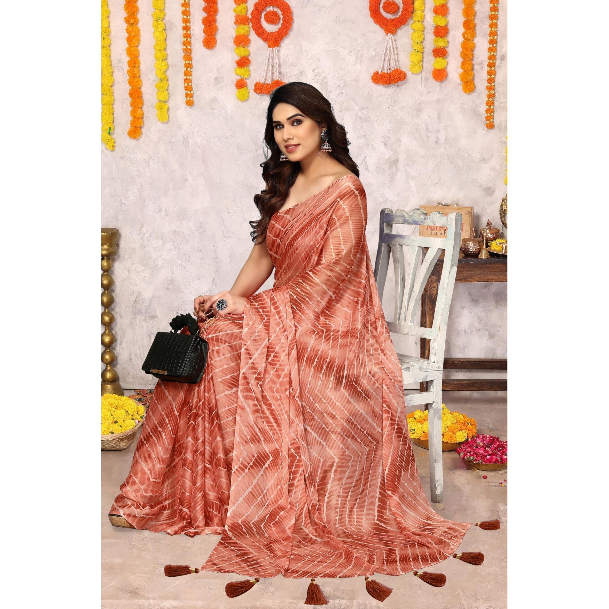 MIRCHI FASHION Womens Chiffon Chevron Shibori Printed Saree with Blouse Piece (41062-Coral, Orange, White)