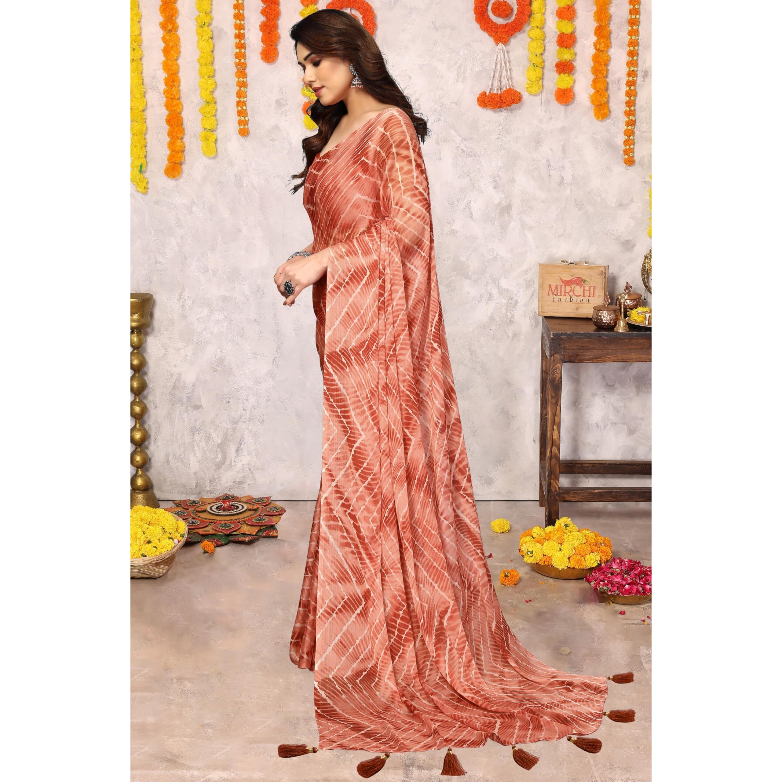 MIRCHI FASHION Womens Chiffon Chevron Shibori Printed Saree with Blouse Piece (41062-Coral, Orange, White)