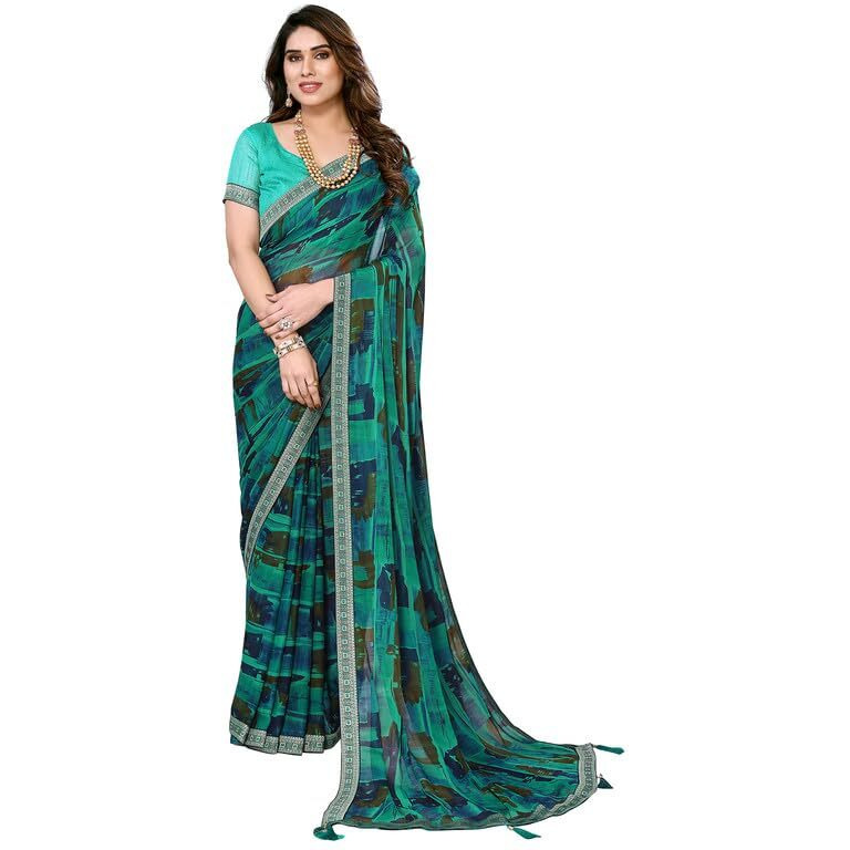 SIRIL Womens Geometric Printed Chiffon Saree with Unstitched Blouse Piece (3219S2344_Turquoise)