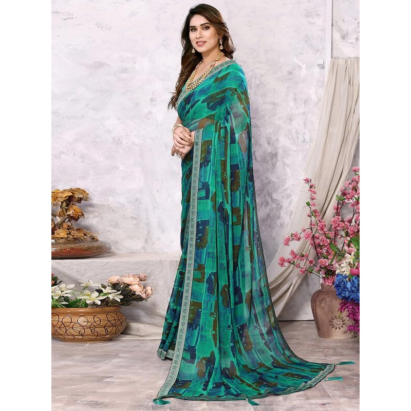 SIRIL Womens Geometric Printed Chiffon Saree with Unstitched Blouse Piece (3219S2344_Turquoise)