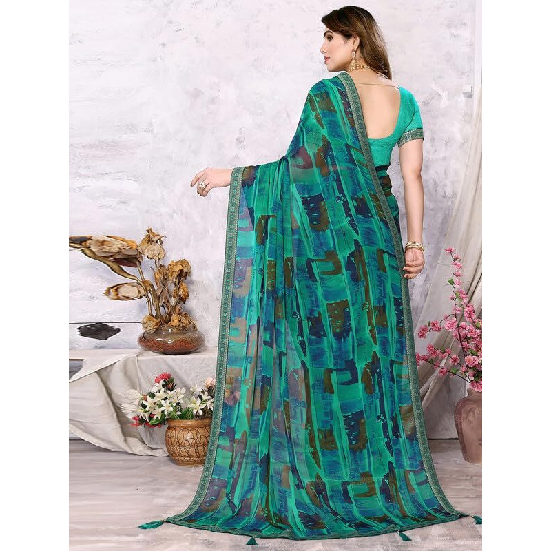 SIRIL Womens Geometric Printed Chiffon Saree with Unstitched Blouse Piece (3219S2344_Turquoise)