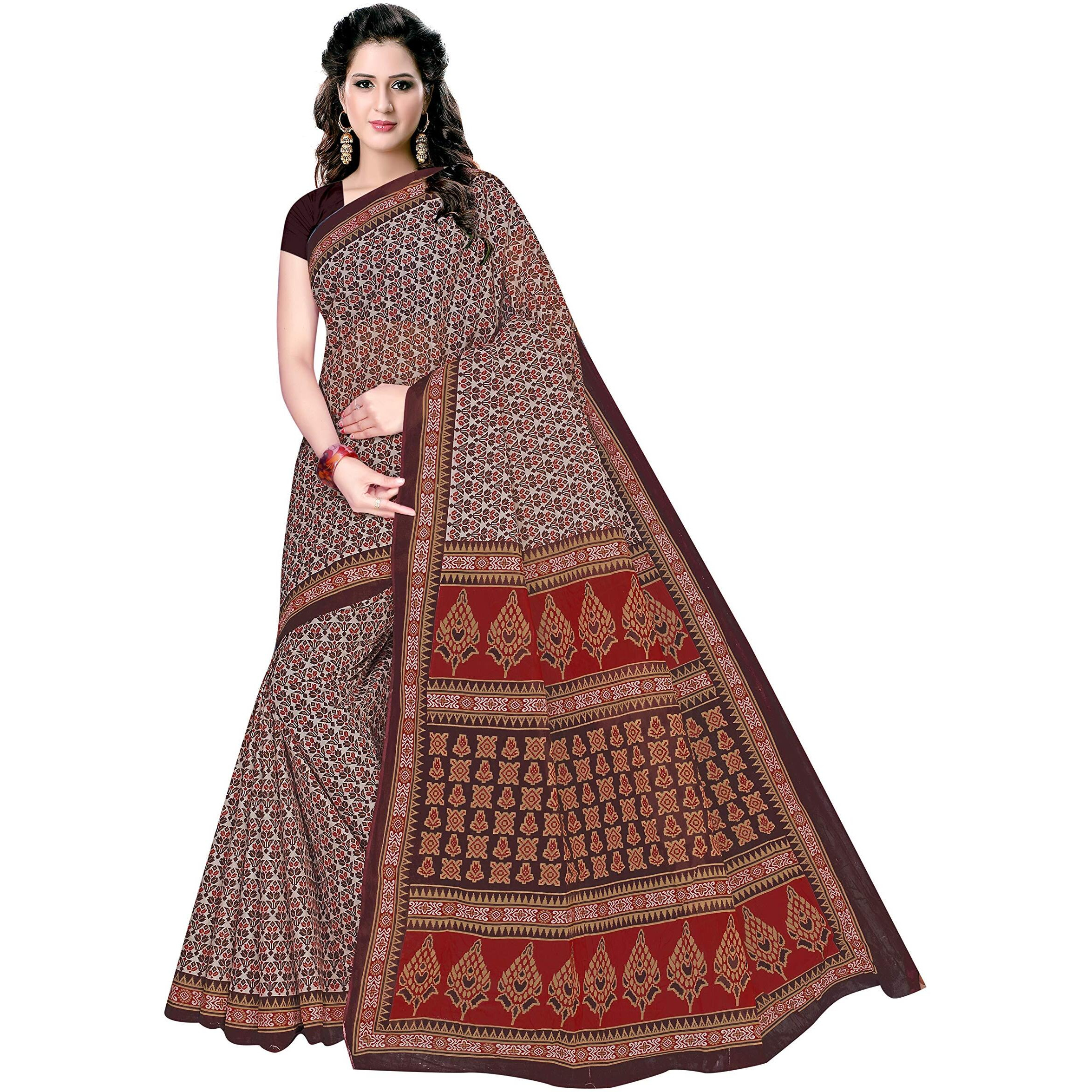 TAMAIRA FASHION Womens Plain Weave Cotton Saree Without Blouse Piece (802_Dark Chocolate)