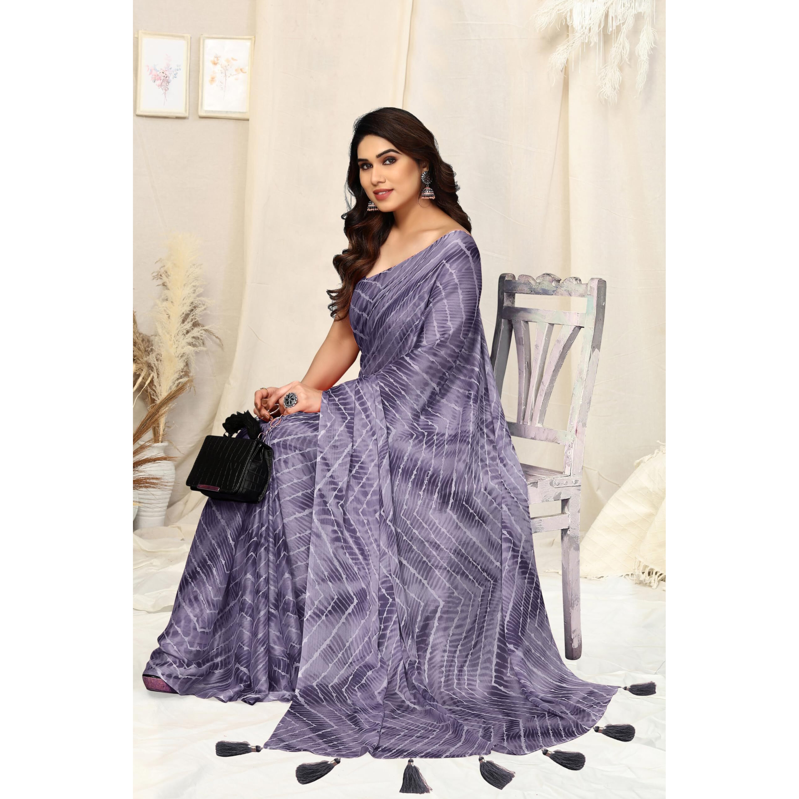 MIRCHI FASHION Womens Chiffon Shibori Printed Saree with Blouse Piece (39814-Purple)