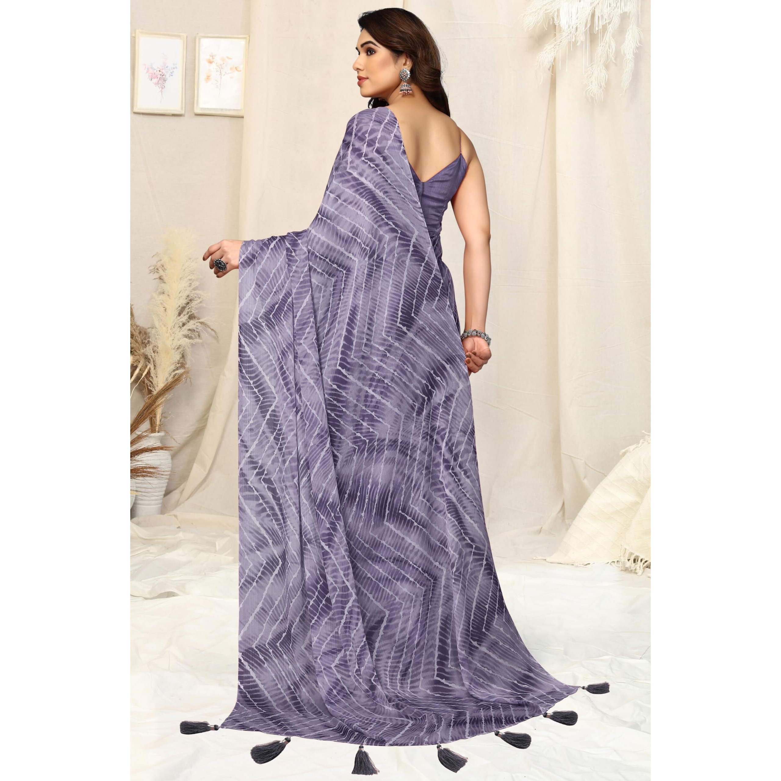 MIRCHI FASHION Womens Chiffon Shibori Printed Saree with Blouse Piece (39814-Purple)
