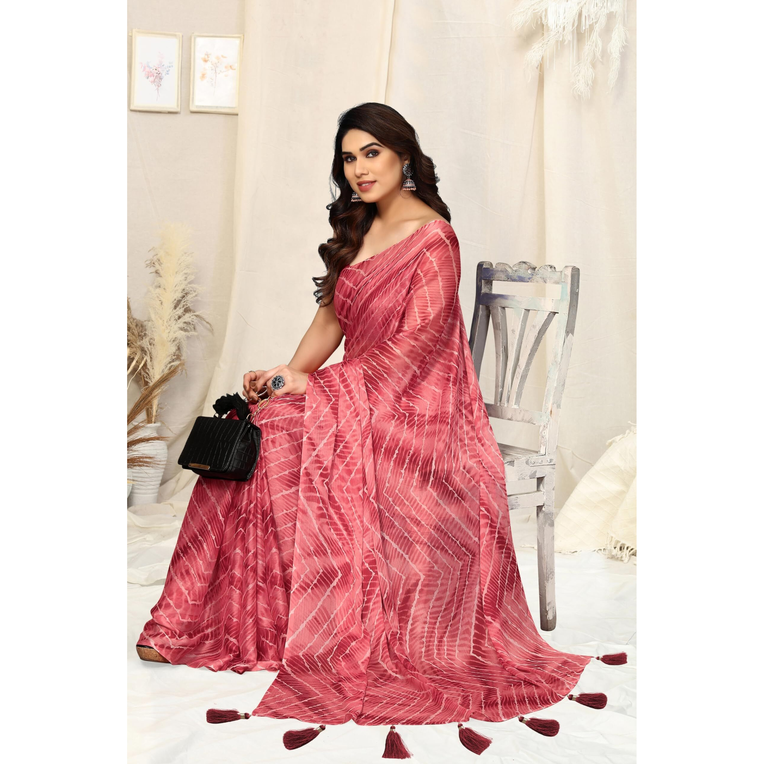 MIRCHI FASHION Womens Chiffon Shibori Printed Saree with Blouse Piece (39811-Crimson)
