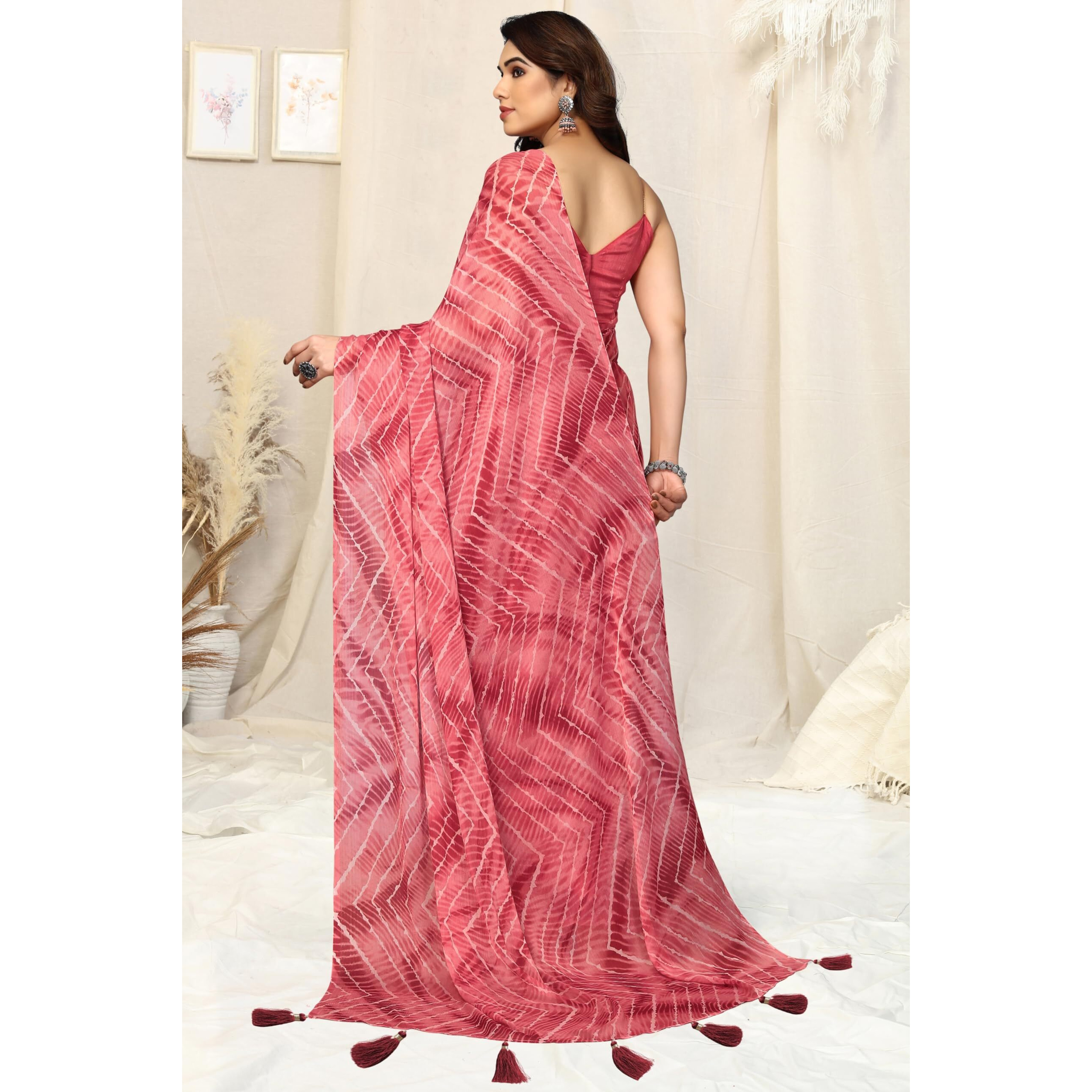 MIRCHI FASHION Womens Chiffon Shibori Printed Saree with Blouse Piece (39811-Crimson)