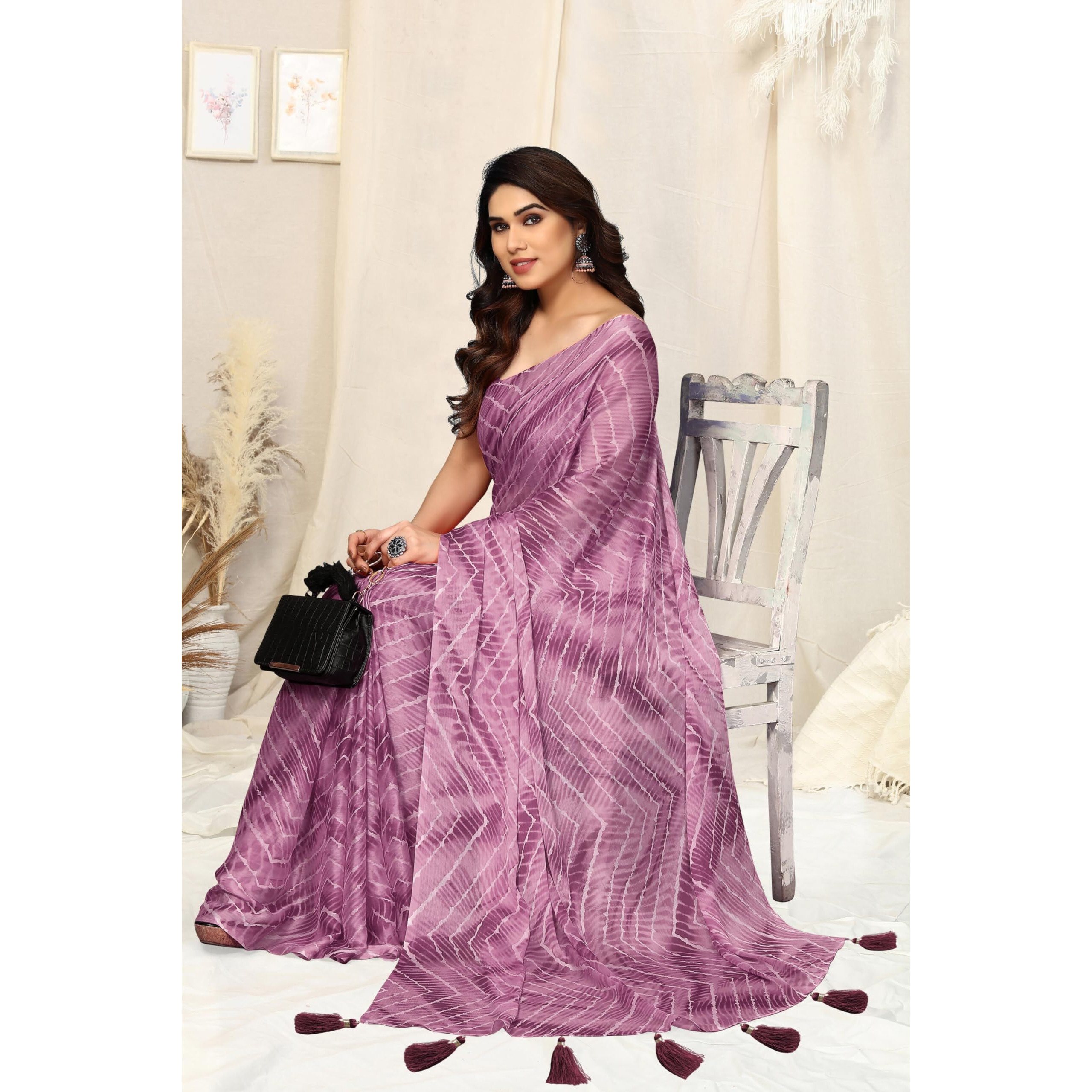 MIRCHI FASHION Womens Chiffon Shibori Printed Saree with Blouse Piece (39812-Dusty Pink)