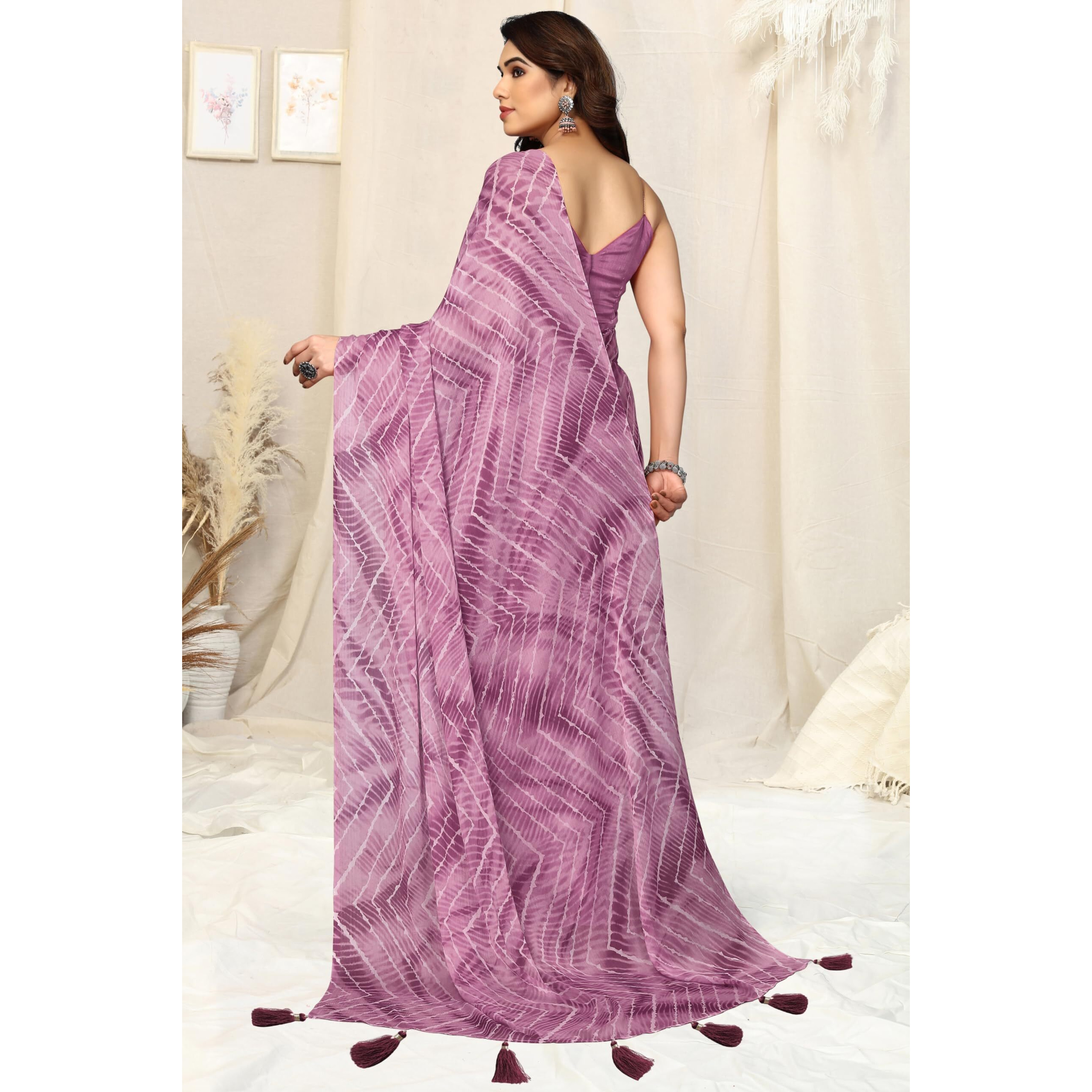 MIRCHI FASHION Womens Chiffon Shibori Printed Saree with Blouse Piece (39812-Dusty Pink)
