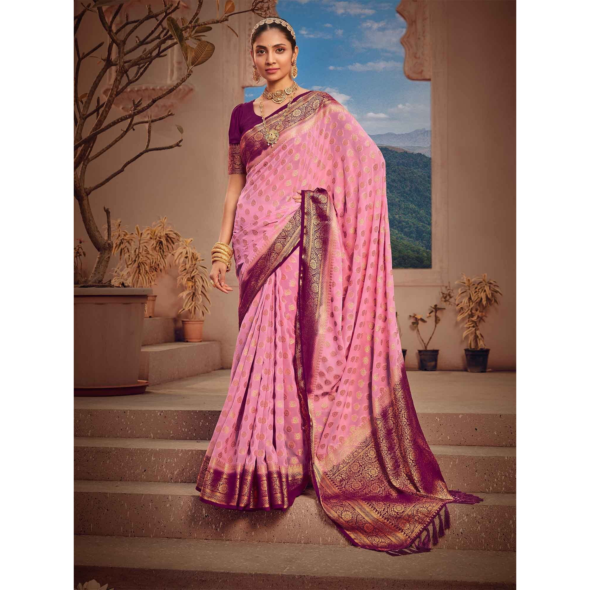 AKHILAM Womens Georgette Banarasi Silk Saree Georgette Patola saree With Unstitched Blouse Piece (Pink 1_ARYA1006_FL)