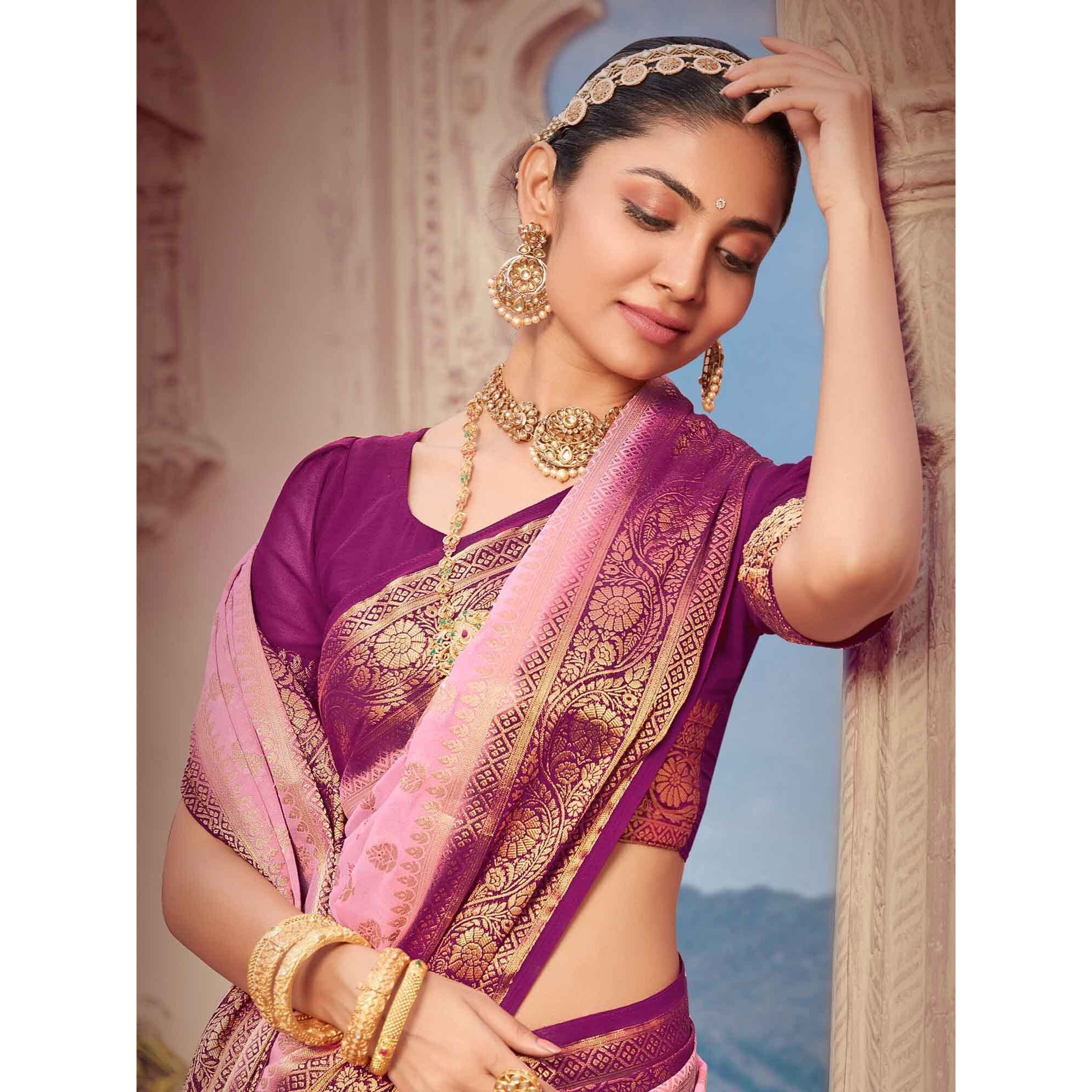 AKHILAM Womens Georgette Banarasi Silk Saree Georgette Patola saree With Unstitched Blouse Piece (Pink 1_ARYA1006_FL)