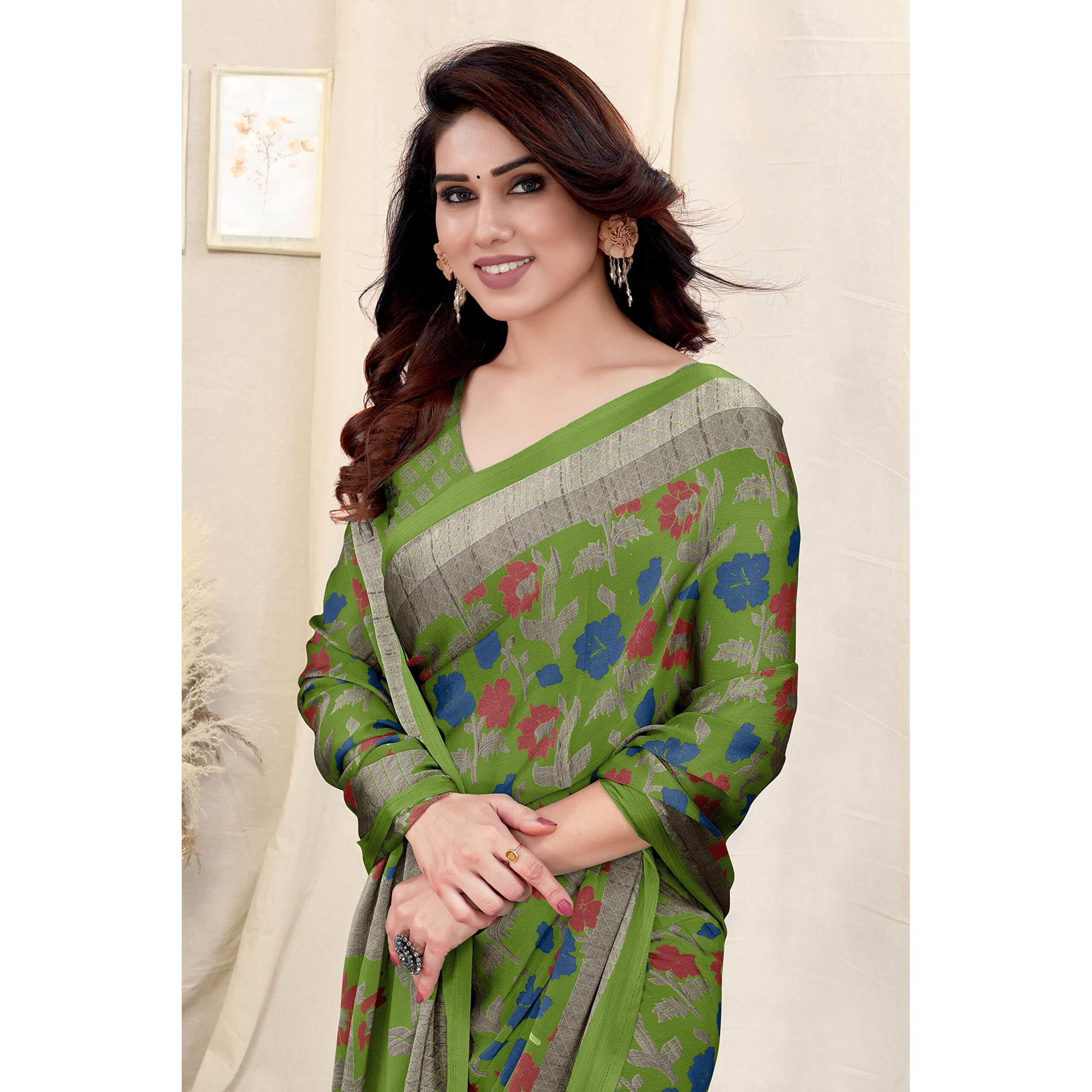 MIRCHI FASHION Womens Plain Weave Chiffon Floral Printed Saree with Blouse Piece (38537-Parrot Green, Blue, Red)