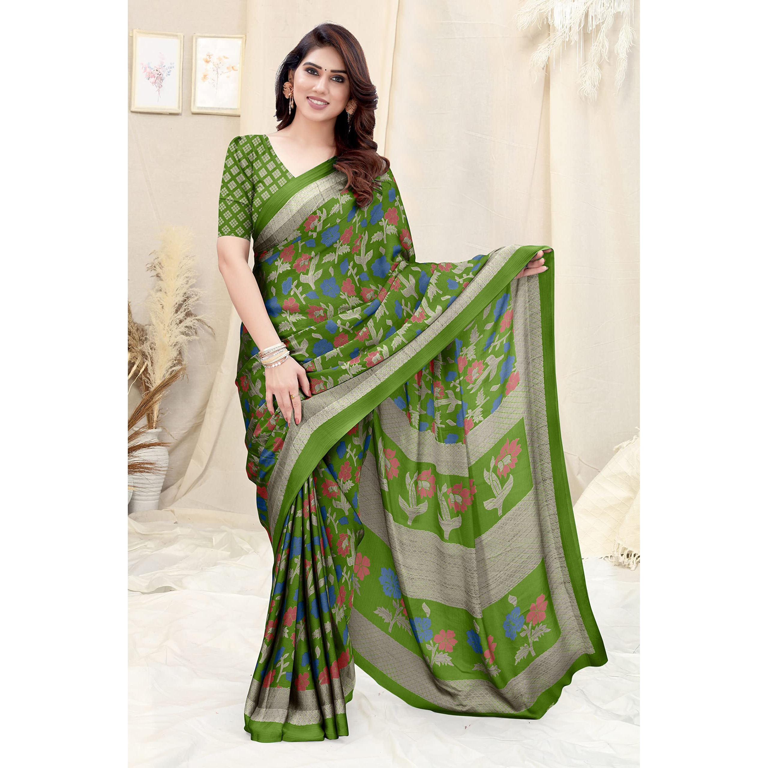 MIRCHI FASHION Womens Plain Weave Chiffon Floral Printed Saree with Blouse Piece (38537-Parrot Green, Blue, Red)