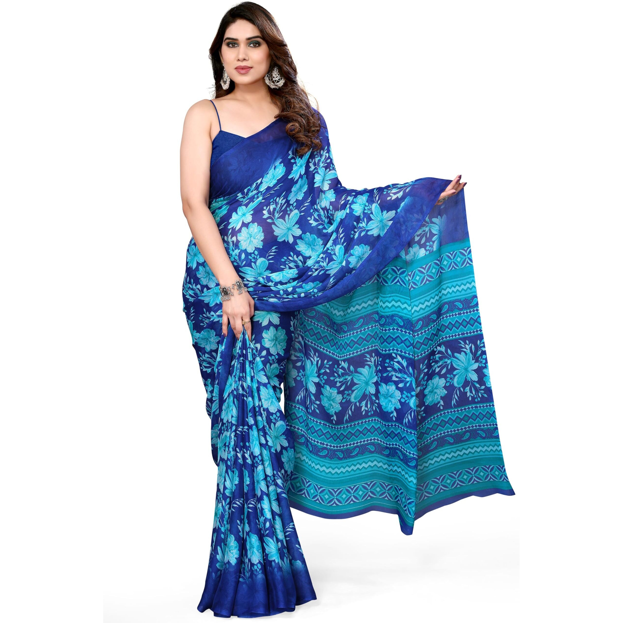 MIRCHI FASHION Womens Chiffon Floral Printed Saree with Blouse Piece (40707-Green)