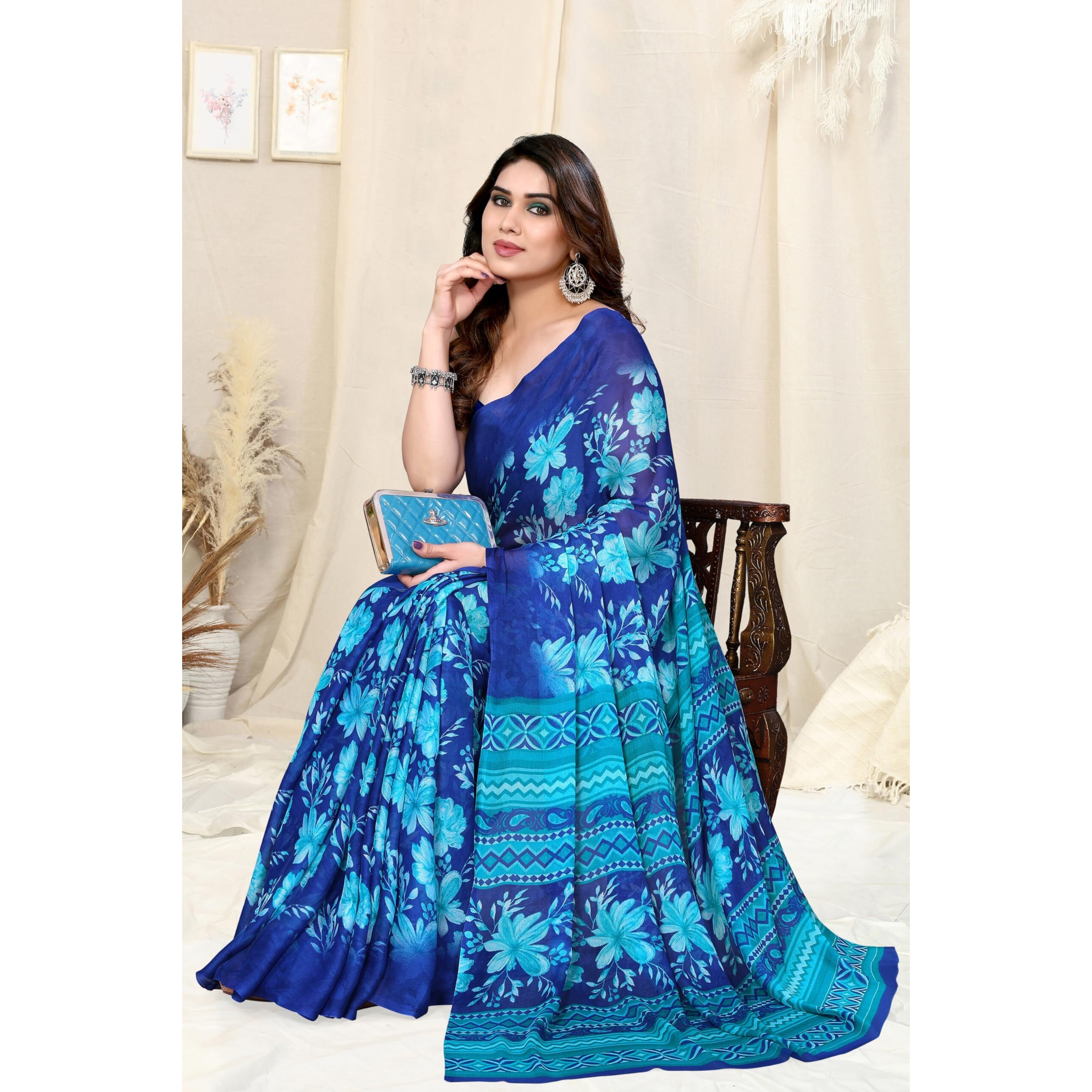 MIRCHI FASHION Womens Chiffon Floral Printed Saree with Blouse Piece (40707-Green)