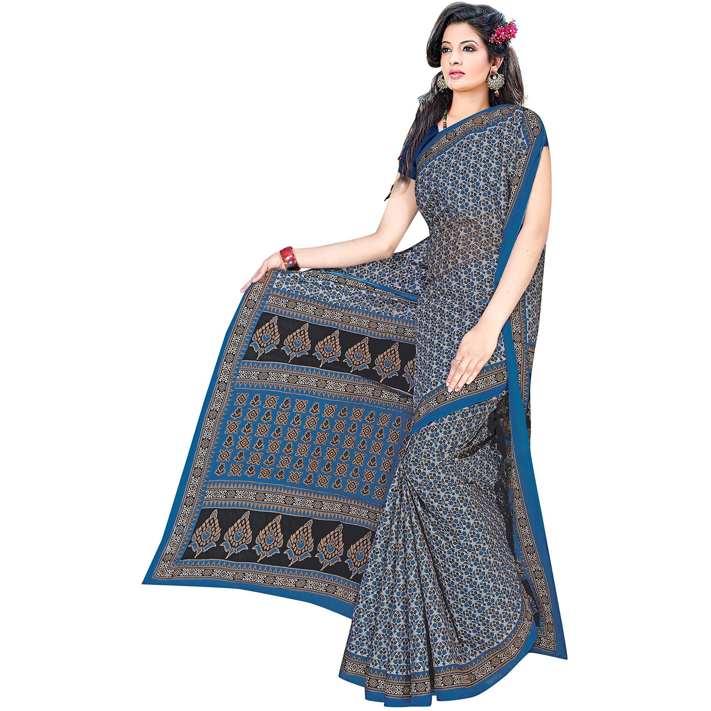 TAMAIRA FASHION Womens Plain Weave Cotton Saree Without Blouse Piece (802_Blue)