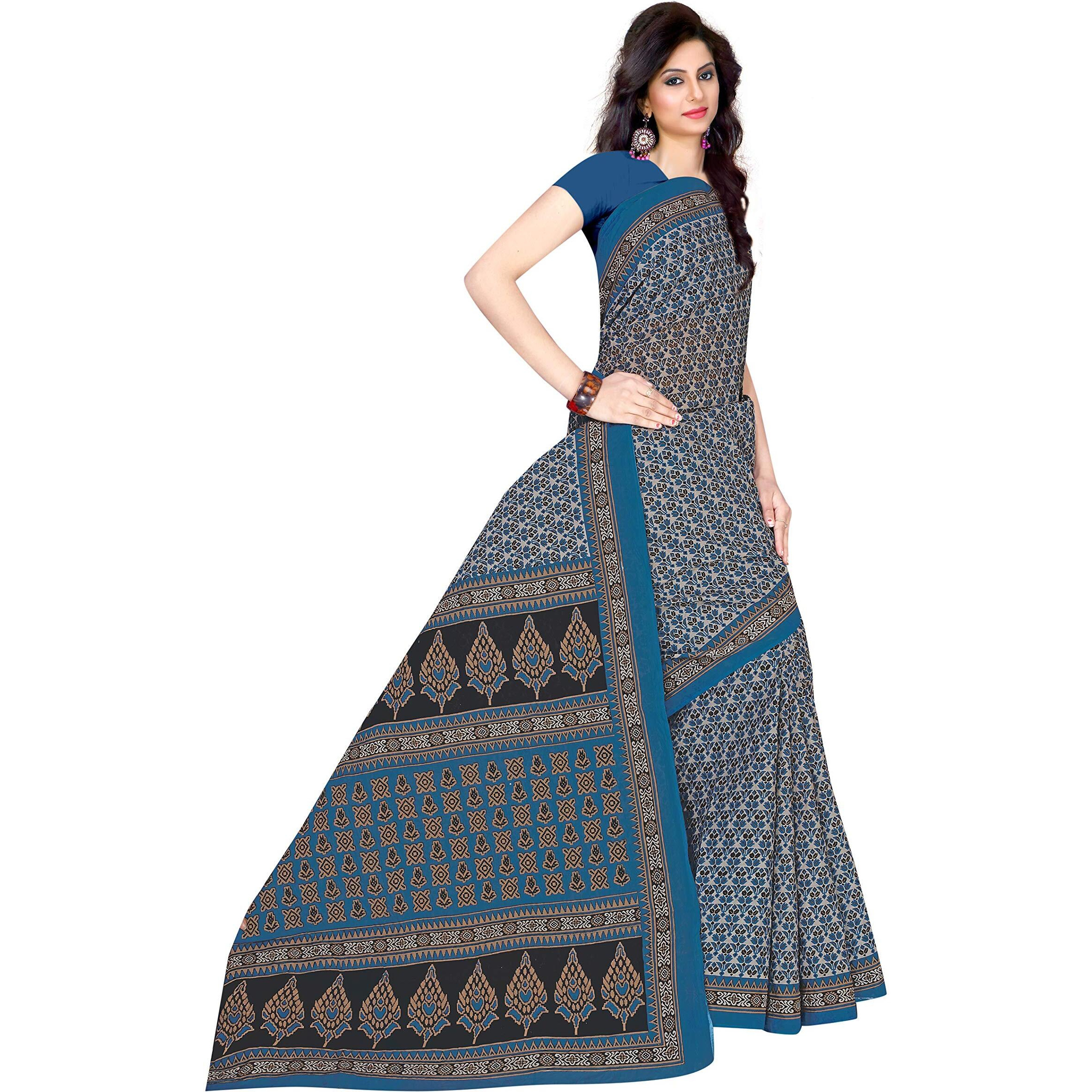 TAMAIRA FASHION Womens Plain Weave Cotton Saree Without Blouse Piece (802_Blue)