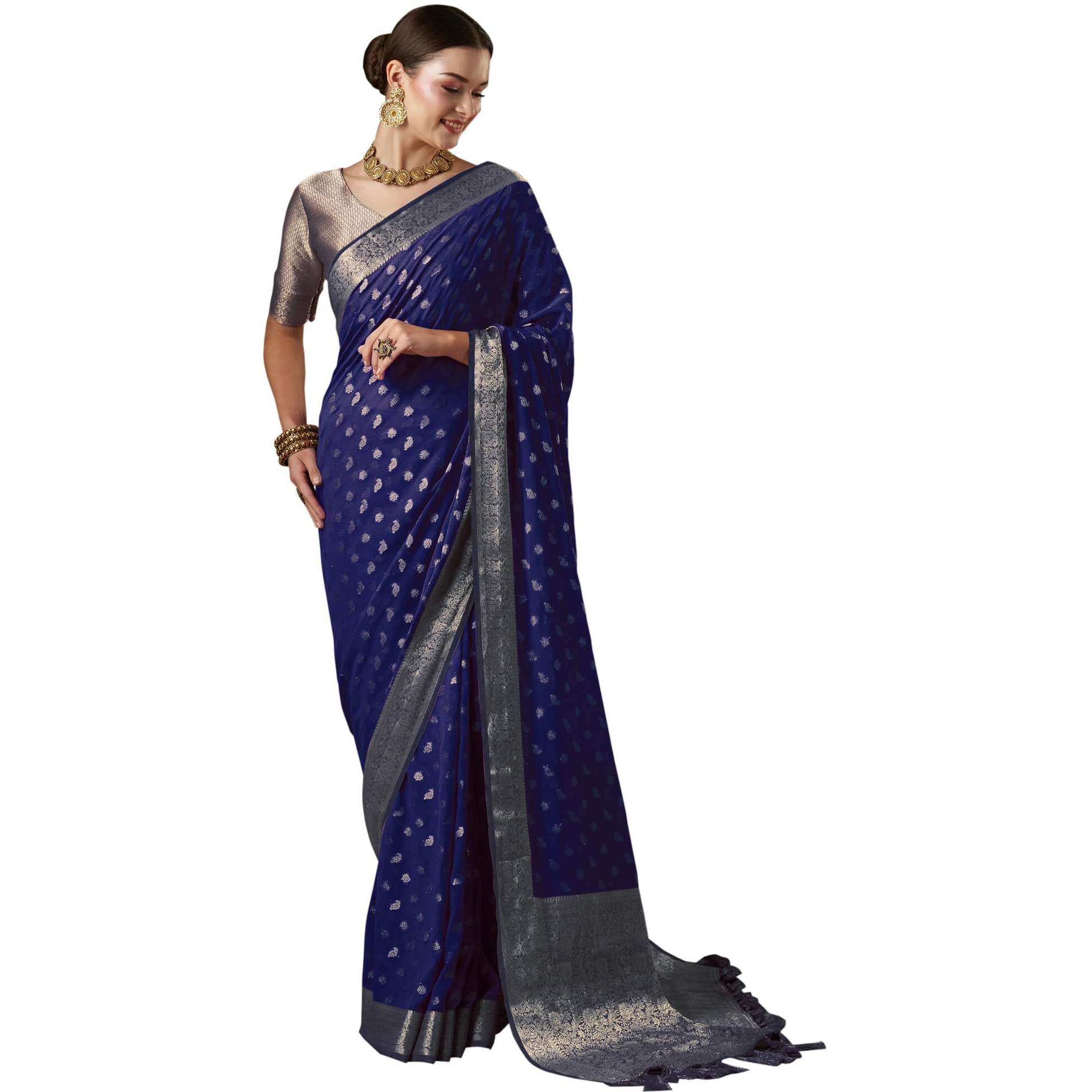 AKHILAM Womens Navy Blue Georgette Woven Design Saree with Unstitched Blouse Piece (ARYA3007_FL)