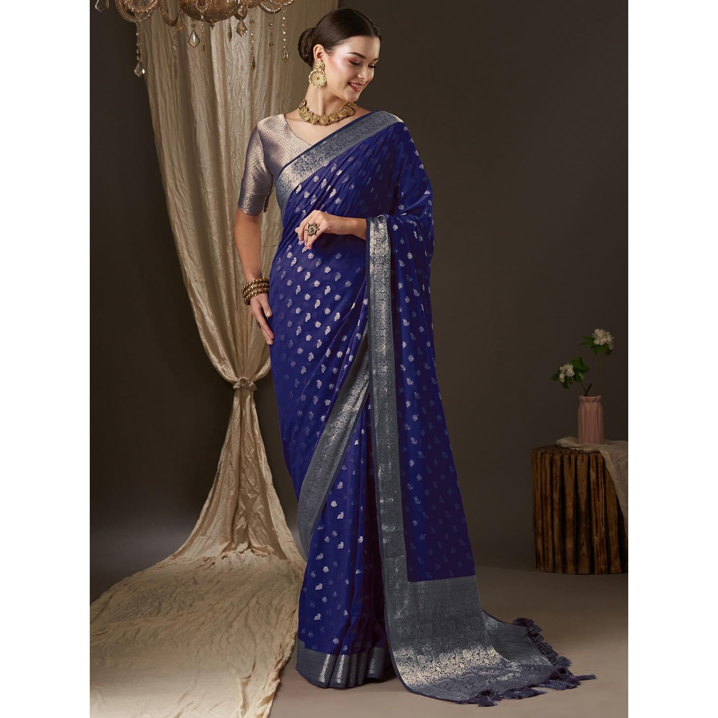 AKHILAM Womens Navy Blue Georgette Woven Design Saree with Unstitched Blouse Piece (ARYA3007_FL)