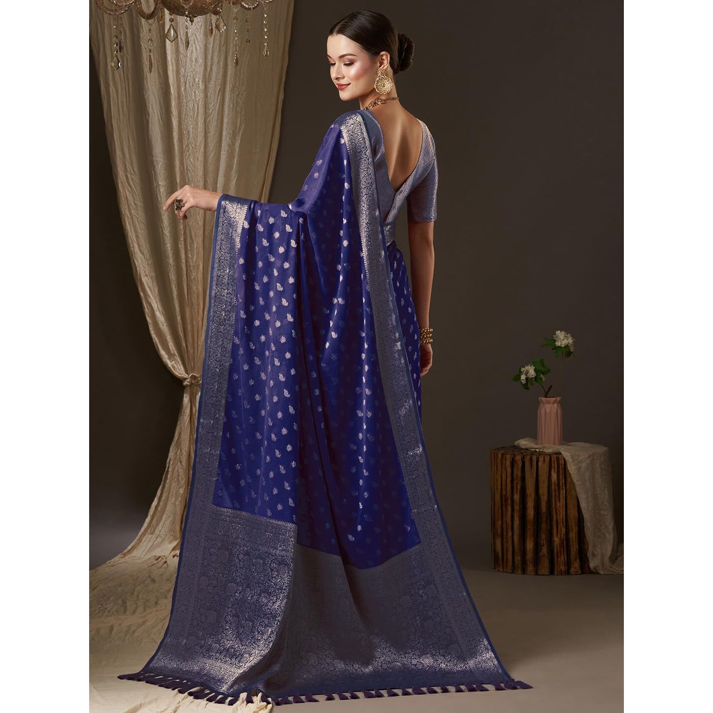 AKHILAM Womens Navy Blue Georgette Woven Design Saree with Unstitched Blouse Piece (ARYA3007_FL)