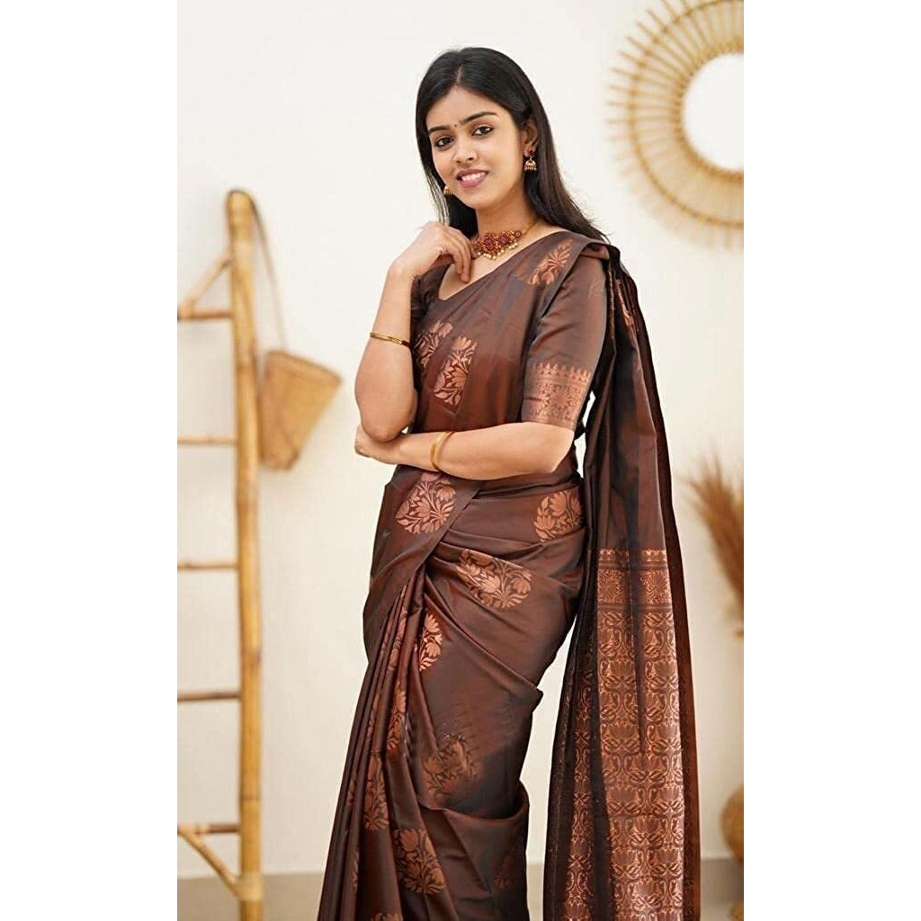 Yashika Womens Banarasi Cotton Silk Jacquard saree (MUDRA BROWN